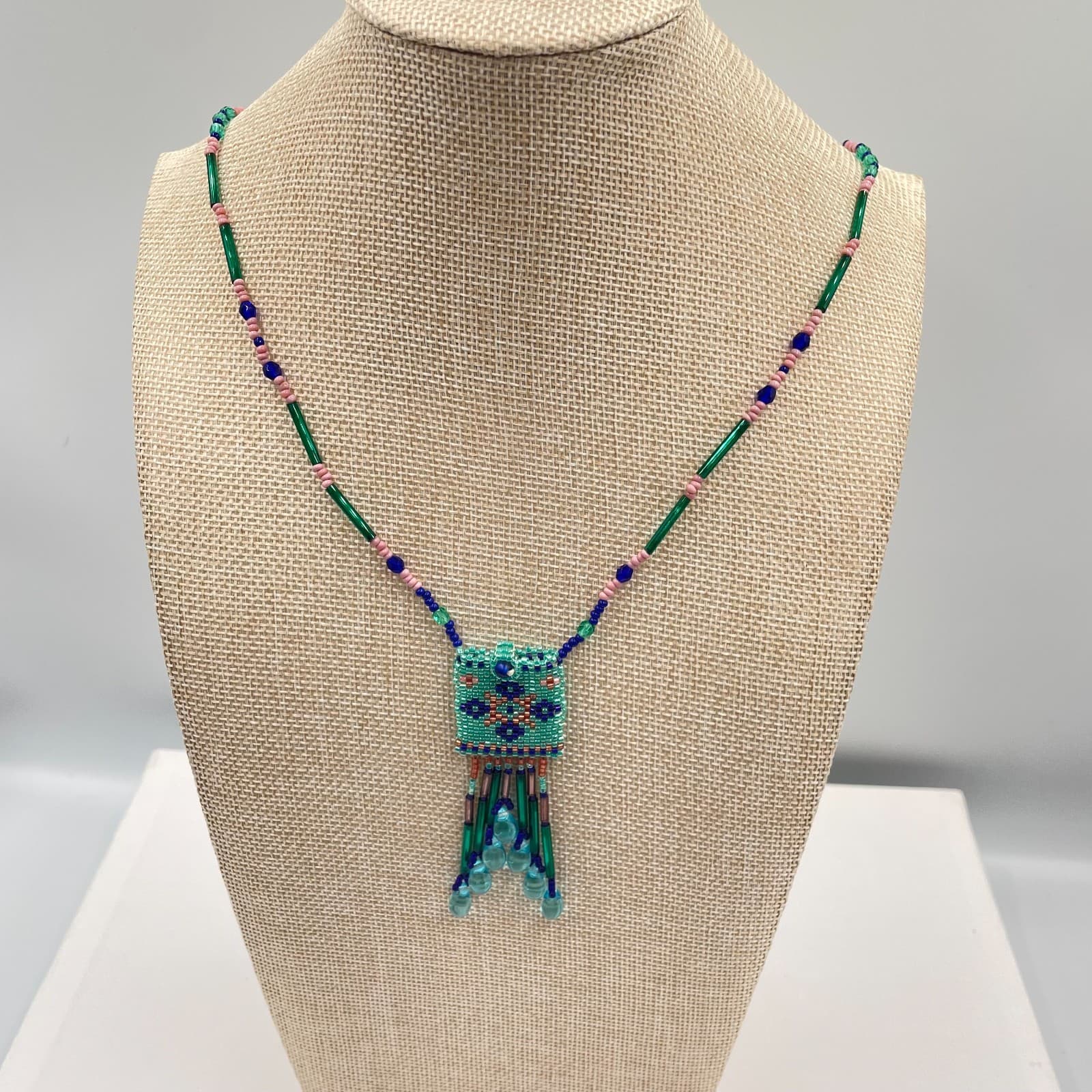 Handmade Beaded Pendant Necklace Boho Seed Bead Geometric Teal Pink Glass Fringe