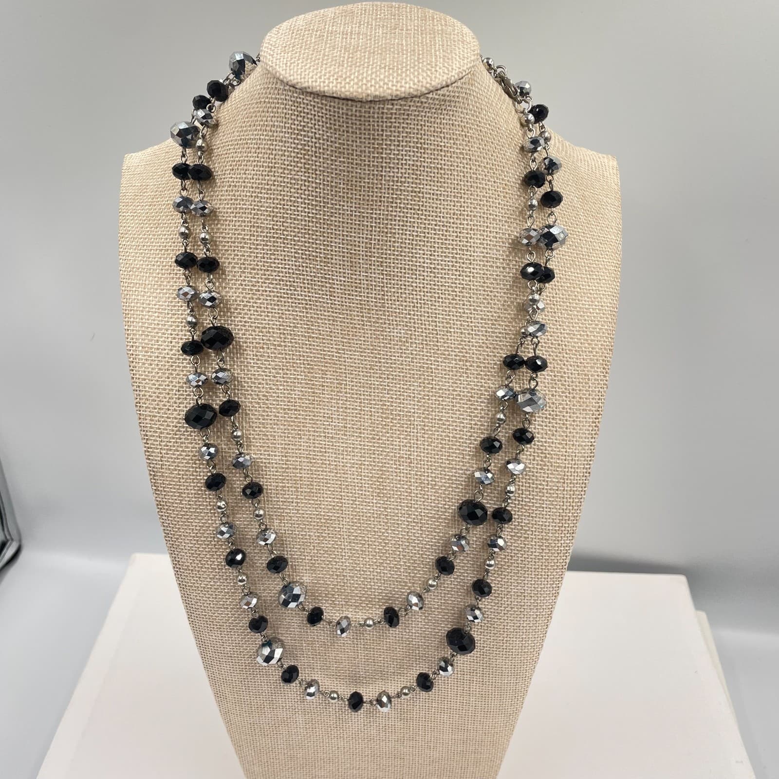 VTG Silver Tone Double Strand Necklace Black & Metallic Hematite Faceted Beaded