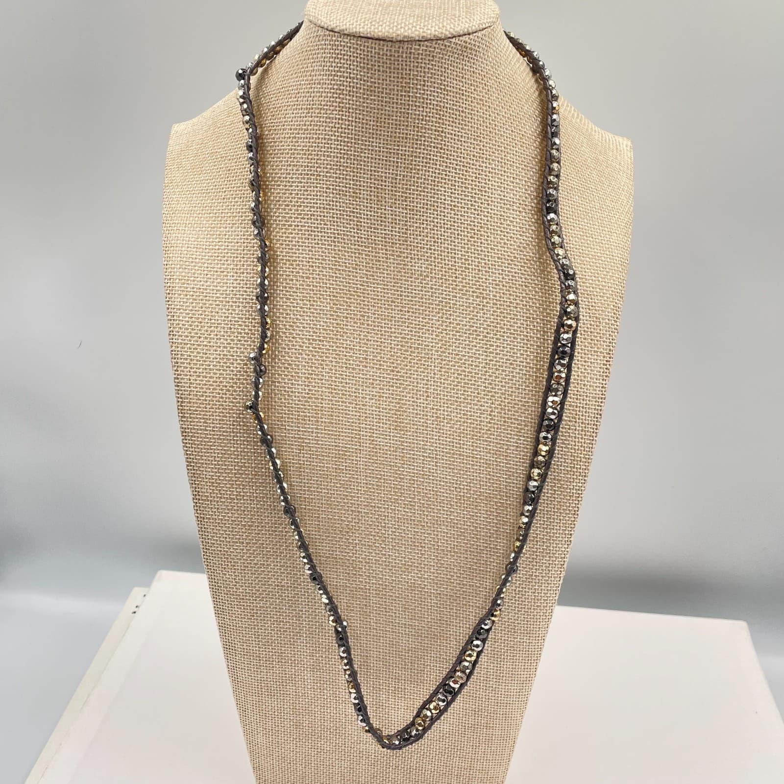 VTG Boho Leather Wrap Necklace Bracelet Mixed Metal Beaded Strand Hematite Tone