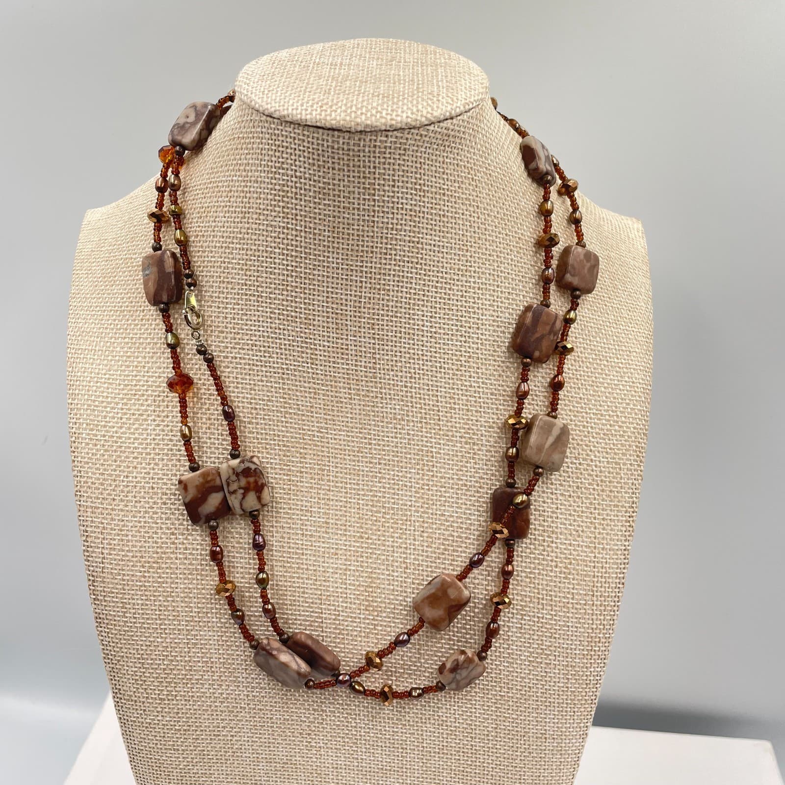 VTG Jasper Necklace Double Strand Brown Cream Earth Tone Beaded Statement 2-Row