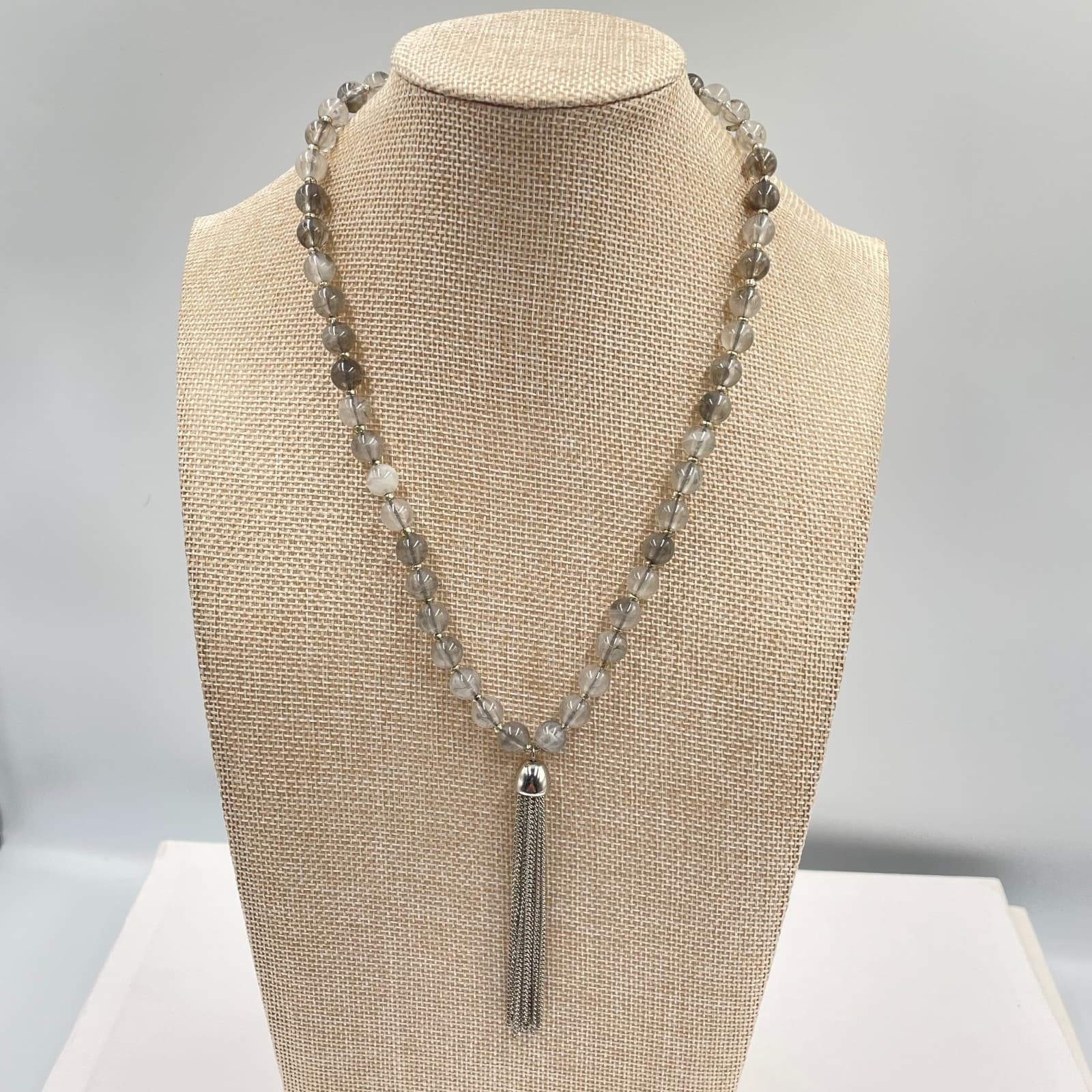 Vintage Silver Tassel Necklace Gray Rutilated Quartz Bead Strand Long Boho 80s