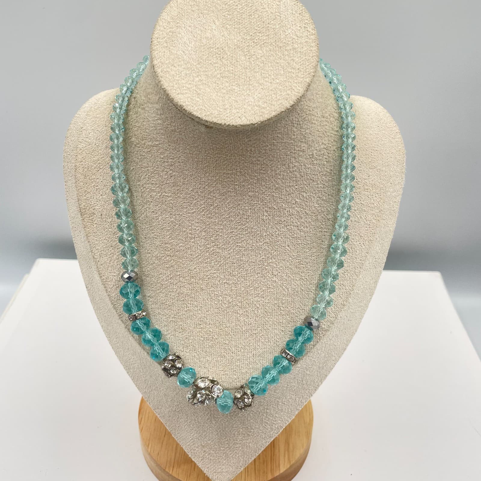 Vintage Aquamarine Blue Crystal Beaded Necklace Statement Sparkling Cluster 20”