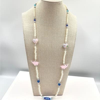 Vintage Pink Elephant Heart Glass Pearl Necklace Magnetic Clasp Blue Beads 26"