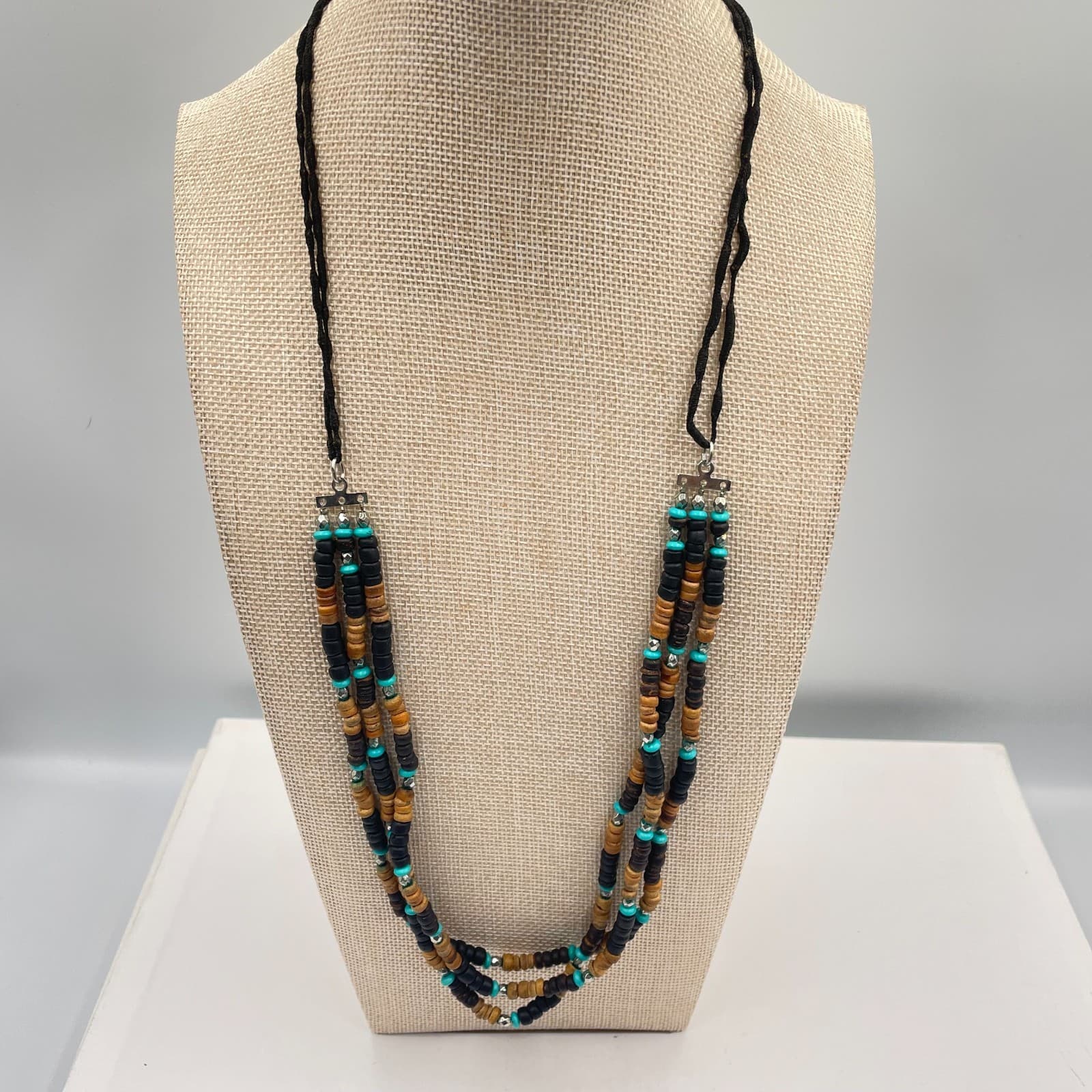 Vintage Multi-Strand Wood Bead Necklace Turquoise Boho Tribal Black Cord 3-Layer