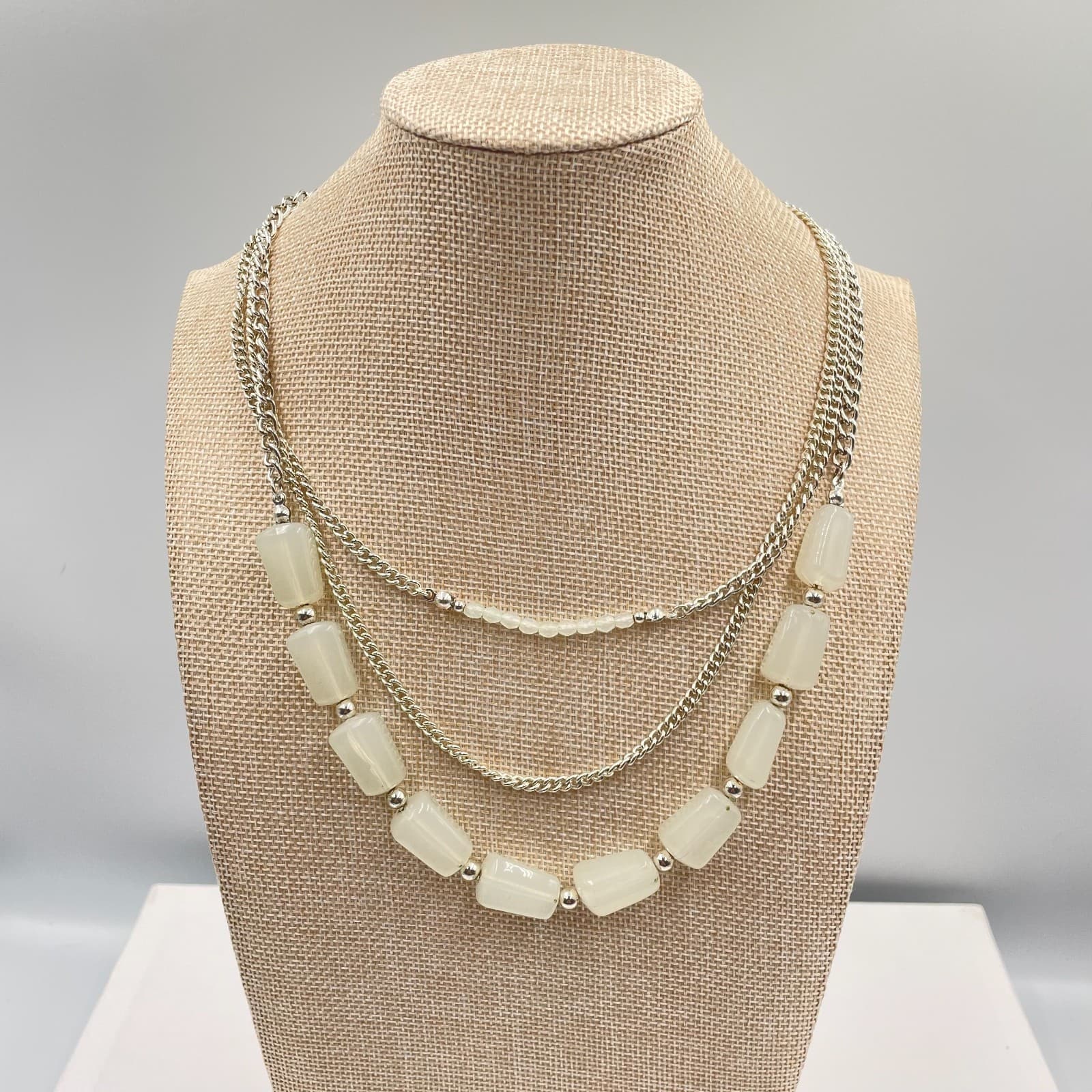 Chico's Layered Necklace Silver Tone White Stone Bead Triple Strand Statement