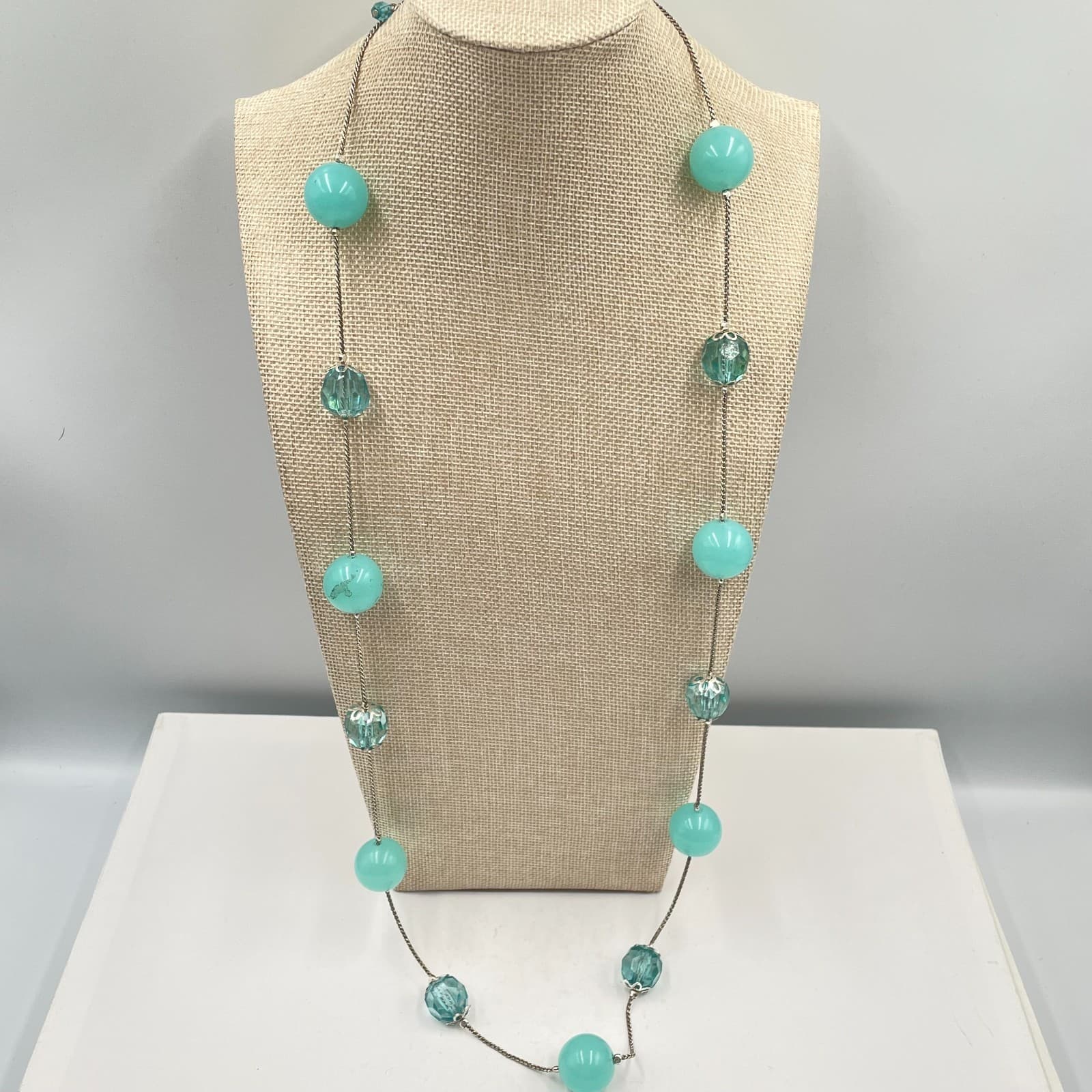 Vintage Aqua Blue Glass Bead Station Necklace Silver Tone Chain Long Layering