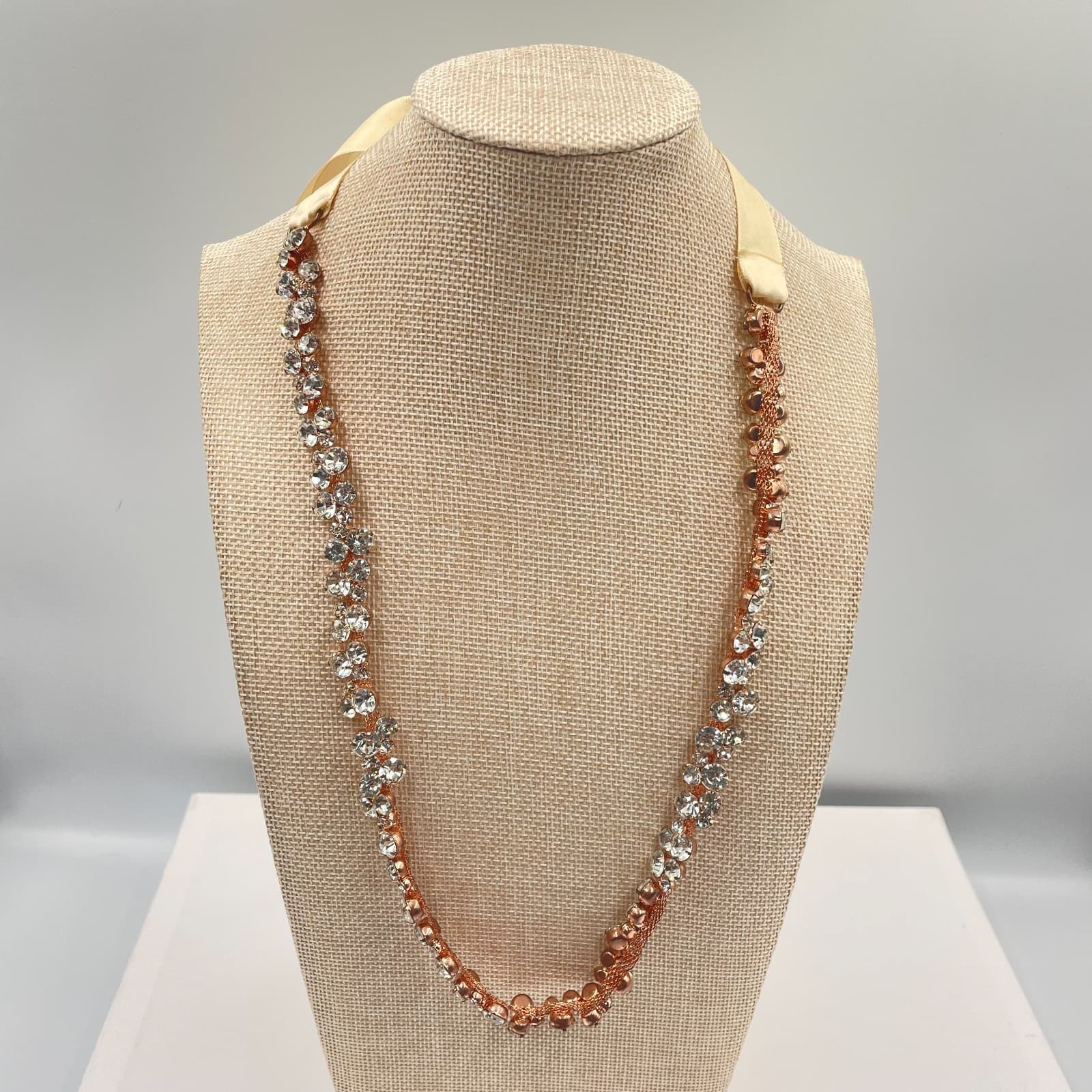 VTG Rose Gold Crystal Rhinestone Rib Necklace Bridal Wedding Statement Sparkly