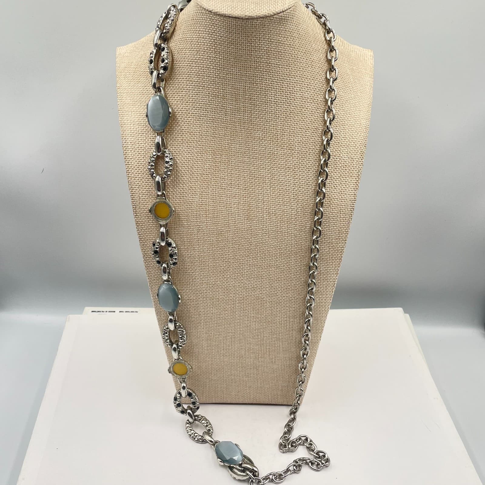 Vintage Silver Tone Station Necklace Blue Grey Cat Eye Stone Textured Links