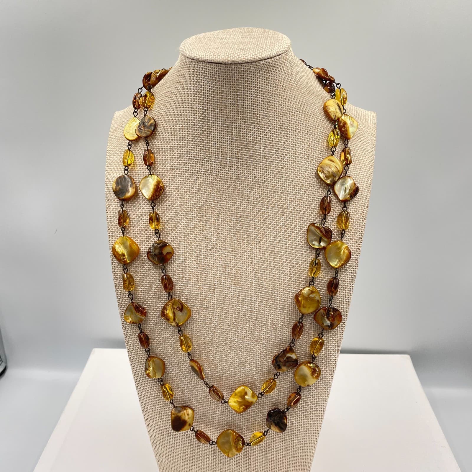 Vintage Double Strand Amber Toned Shell Necklace Brown Boho Chunky Statement