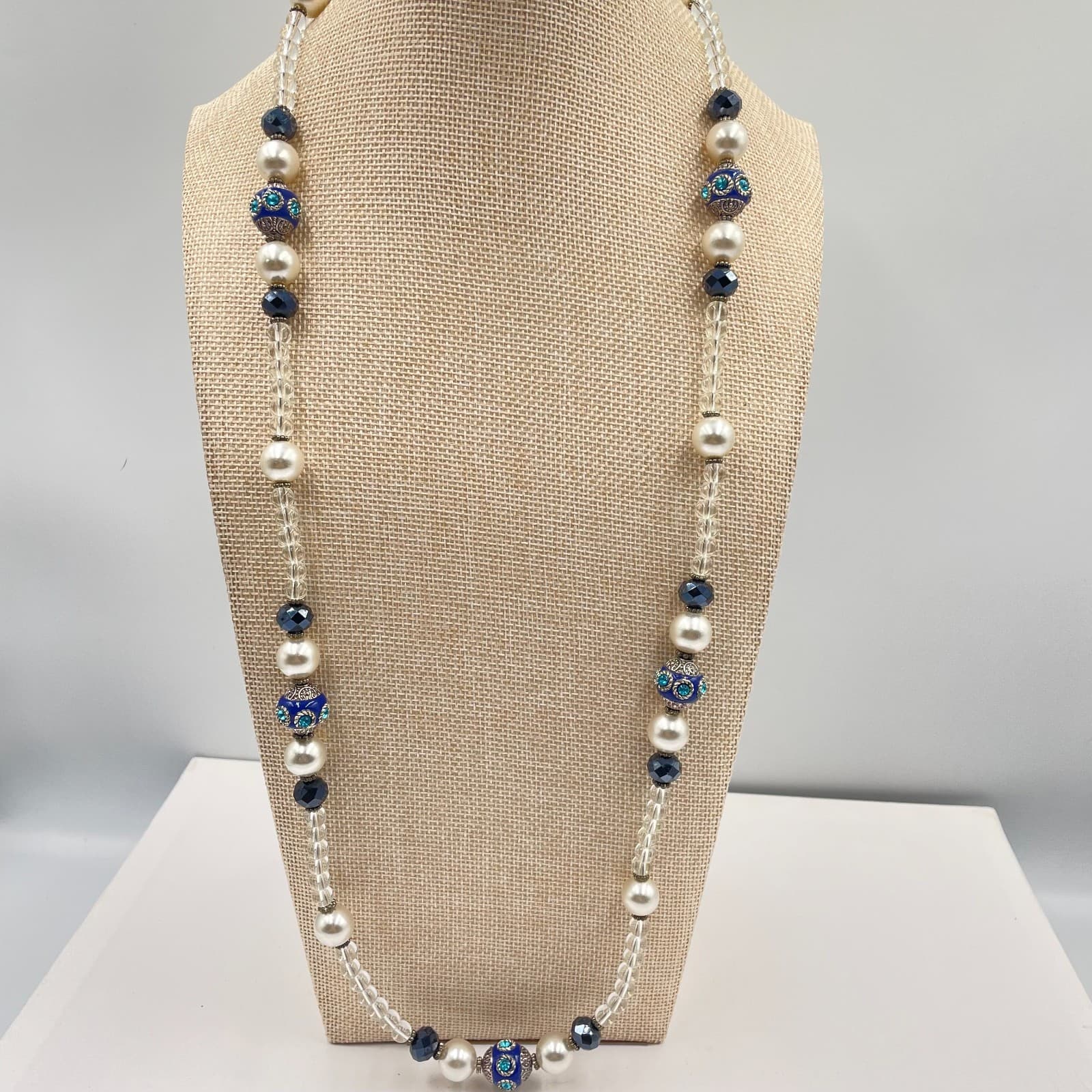 Vintage Long Beaded Necklace Blue Cloisonne Enamel Faux Pearl Crystal Opera 30"