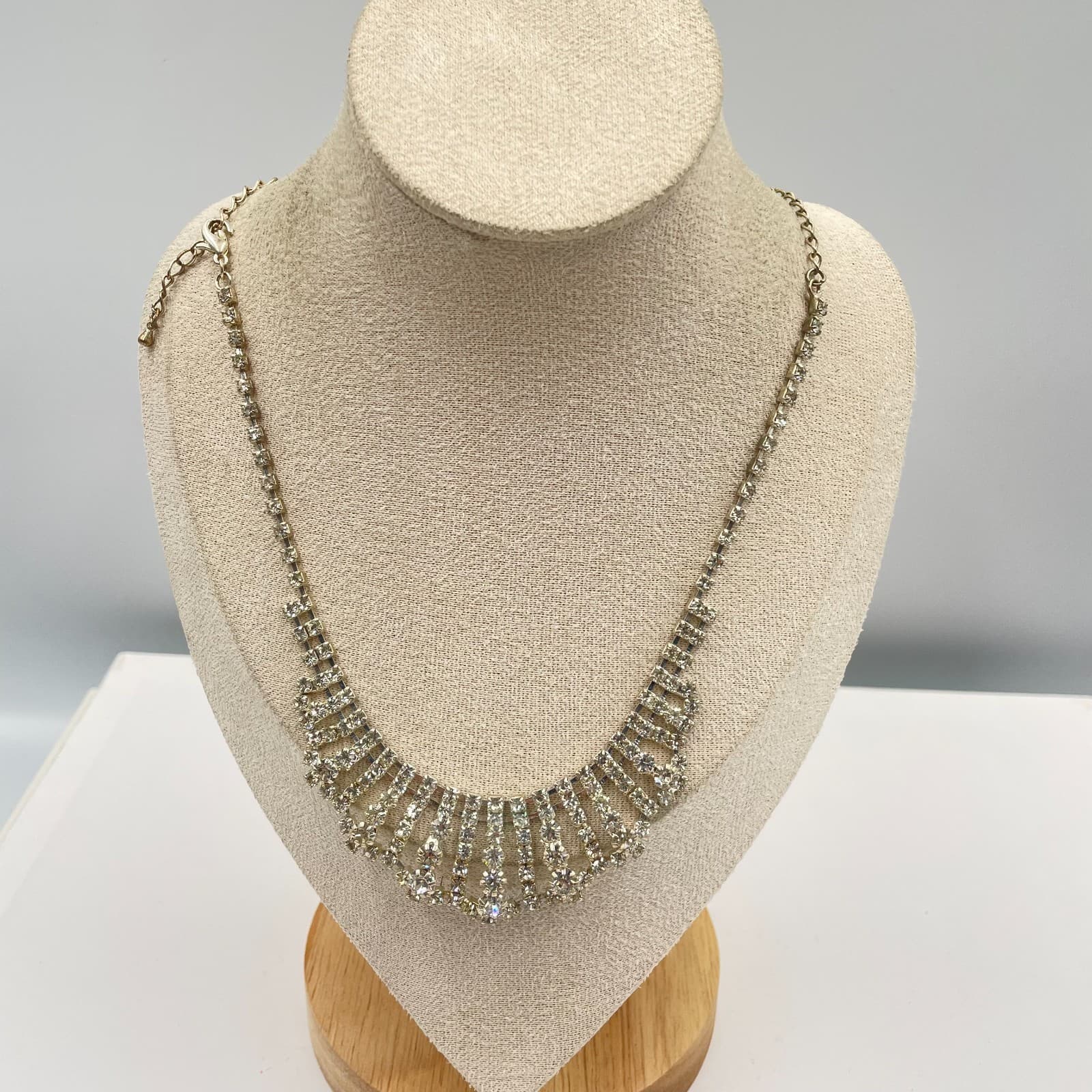 Vintage Silver Tone Rhinestone Fringe Bib Necklace V-Shape Statement Choker 16"