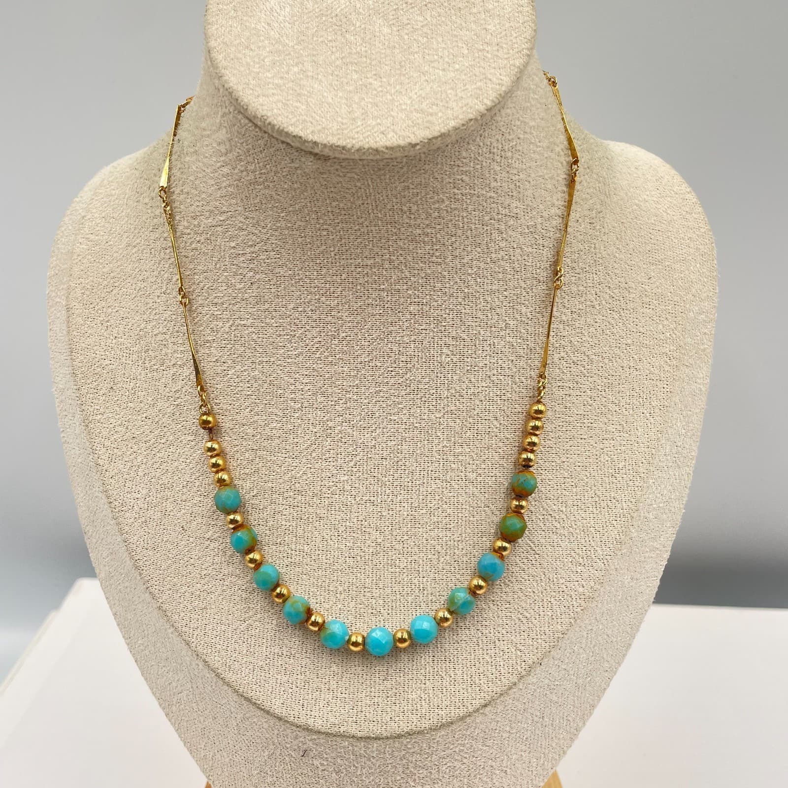 Faceted Turquoise Bead Necklace Gold Tone Bar Link Chain Blue Gemstone Boho 18"