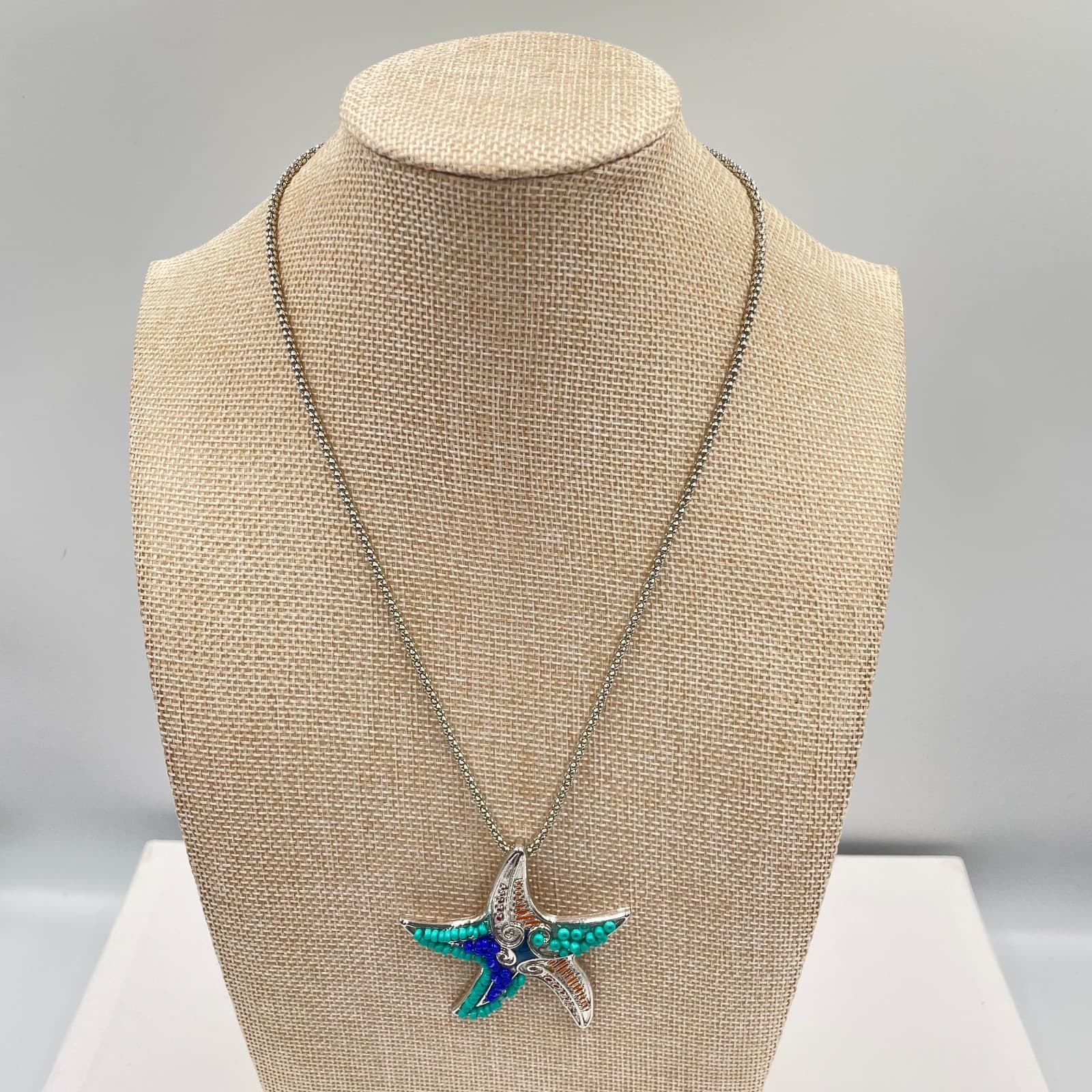 Vintage Chicos Starfish Necklace Silver Tone Blue Teal Beaded Coastal Nautical