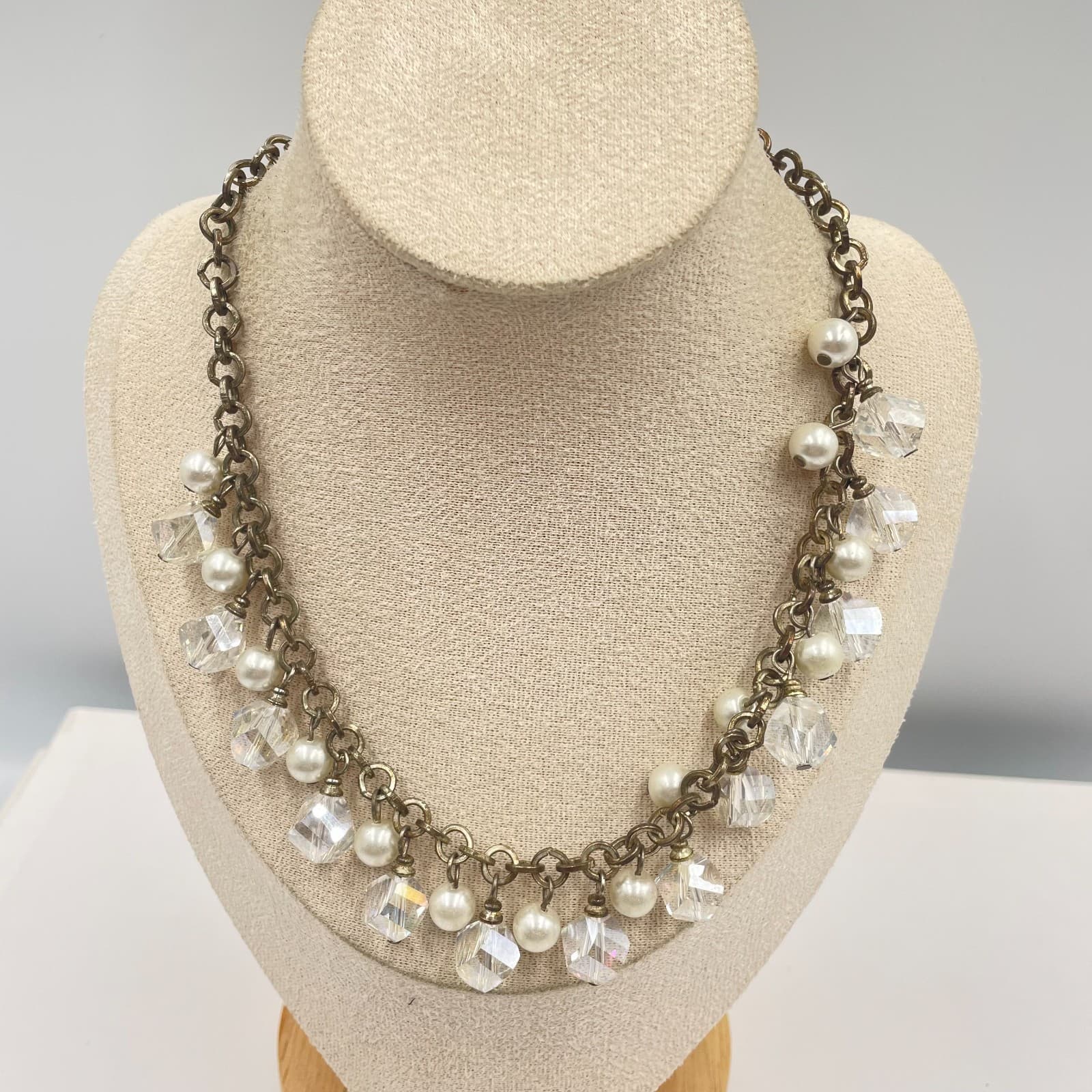 Vintage Crystal Pearl Dangle Statement Necklace Antiqued Bronze Tone Chain 18"