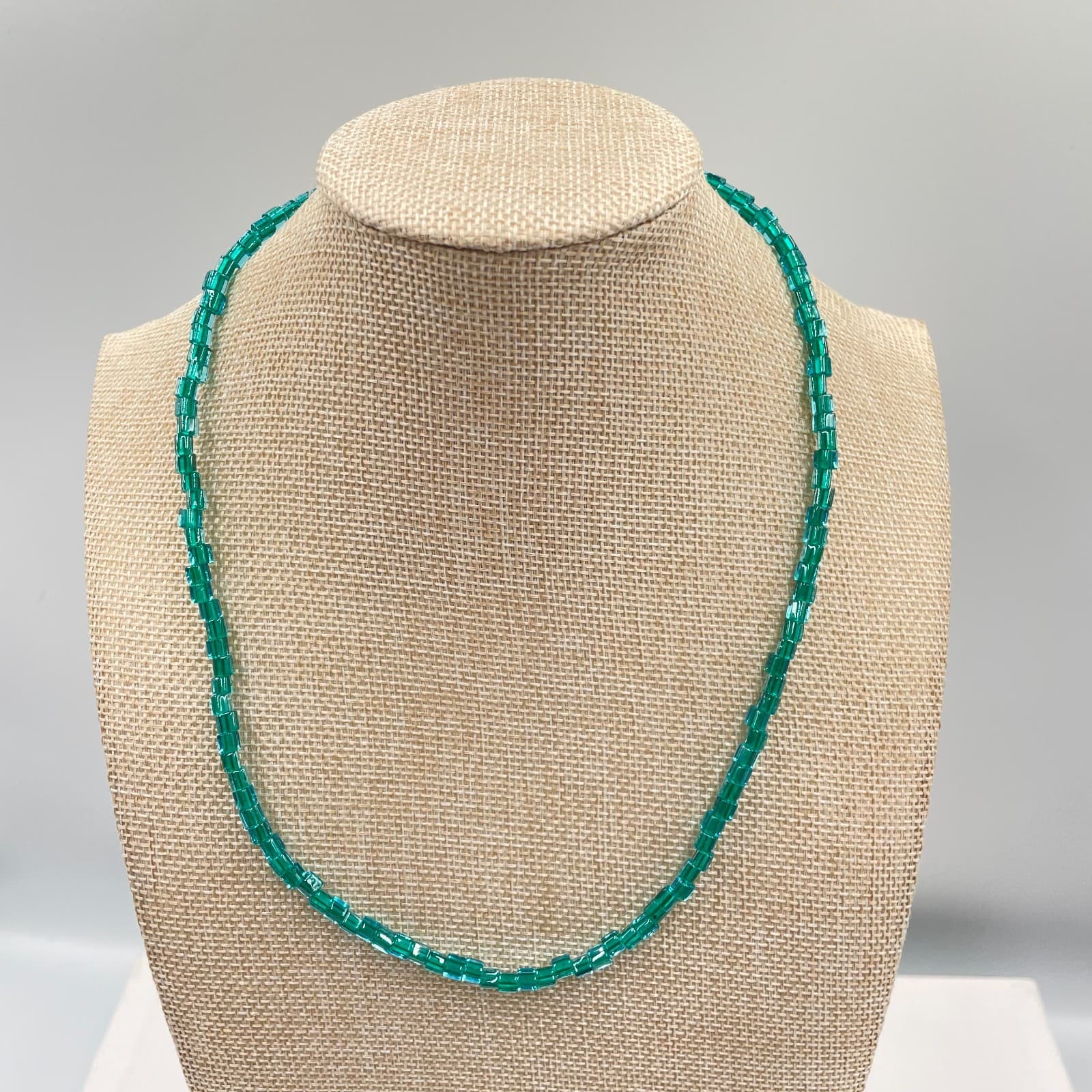 Vintage Art Deco Teal Blue Green Square Glass Bead Necklace 20" Boho Brass Clasp