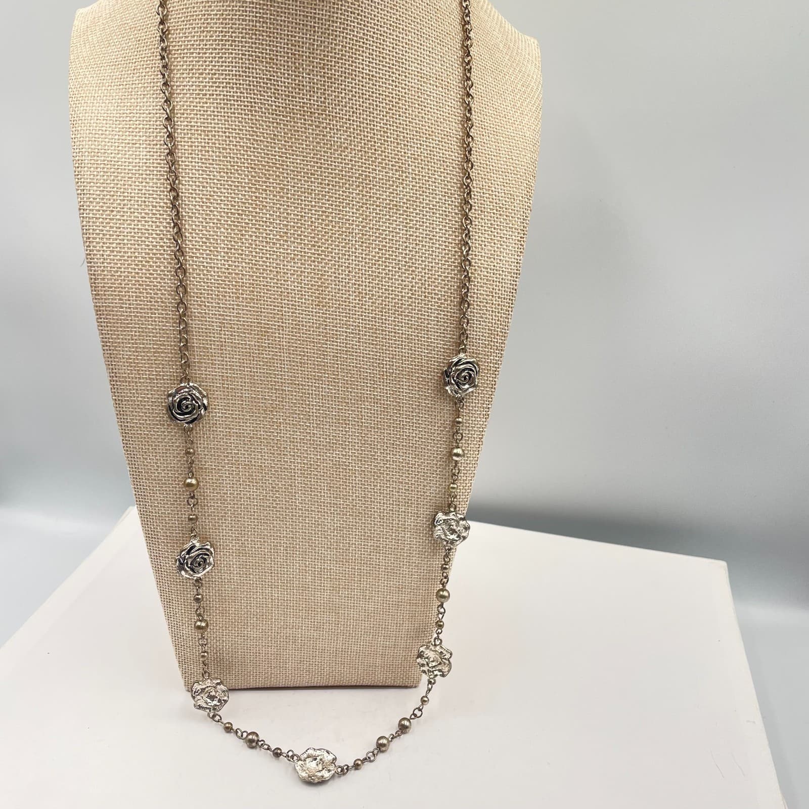 Vintage Silver Tone Rose Flower Station Long Necklace Antiqued Boho Floral 36”