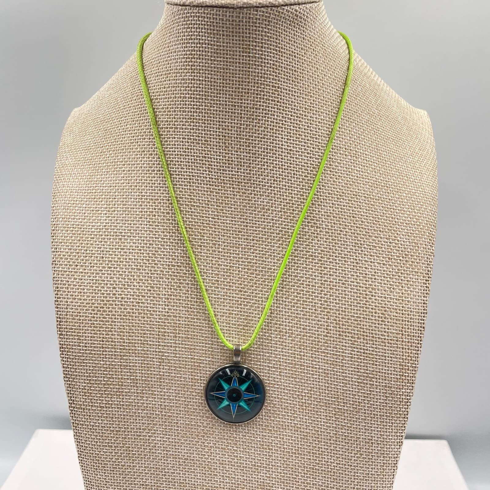 Vintage Compass Rose Pendant Necklace Neon Green Cord Nautical Star Blue Mandala