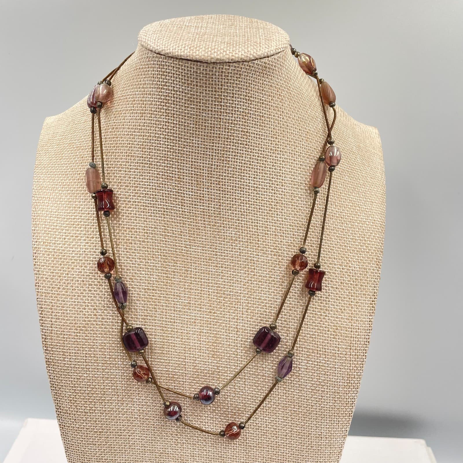 Vintage Boho Purple Brown Glass Bead Double Strand Necklace Bronze Snake Chain