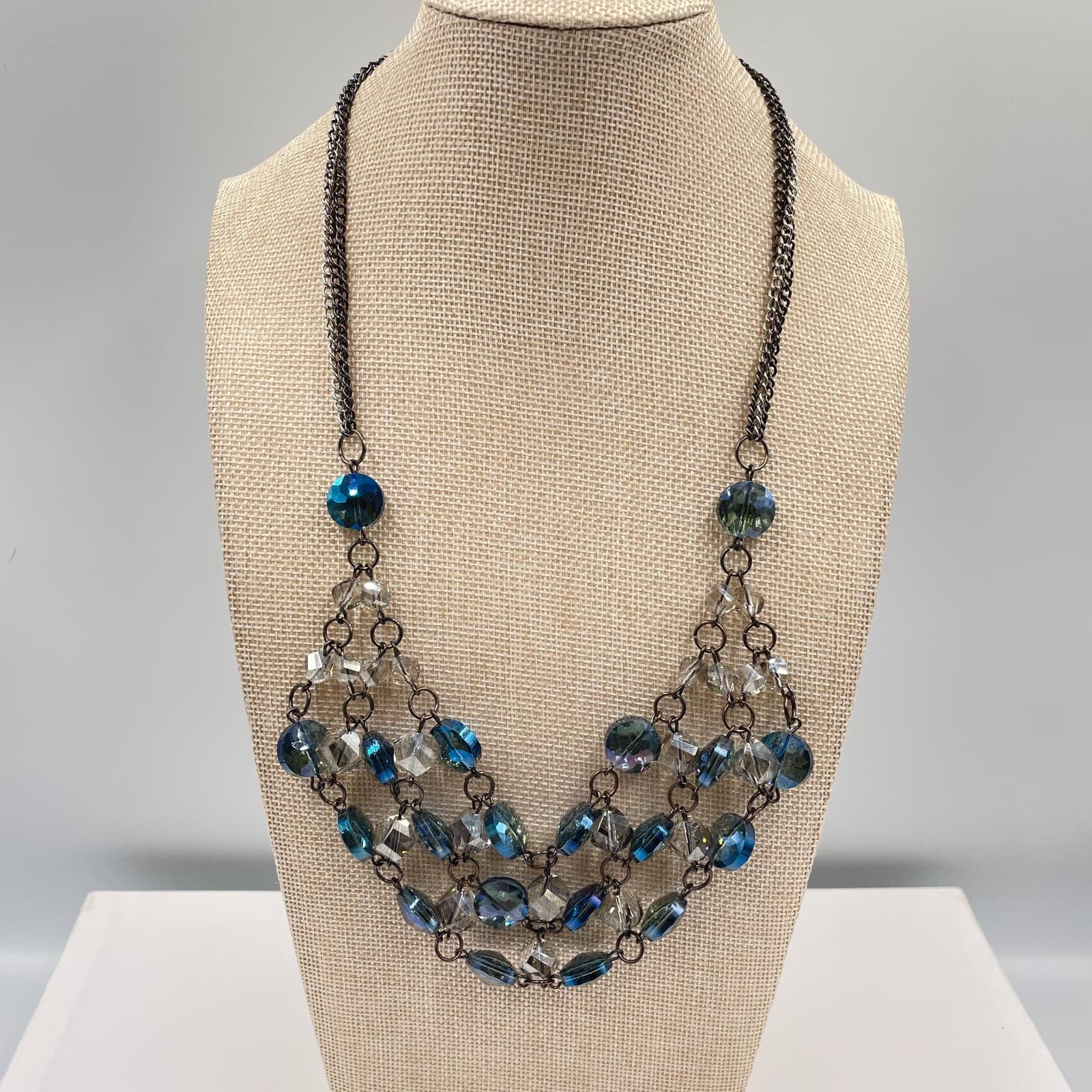 Vintage Cookie Lee Blue Crystal Bib Necklace Gunmetal Tone Multi Row Statement