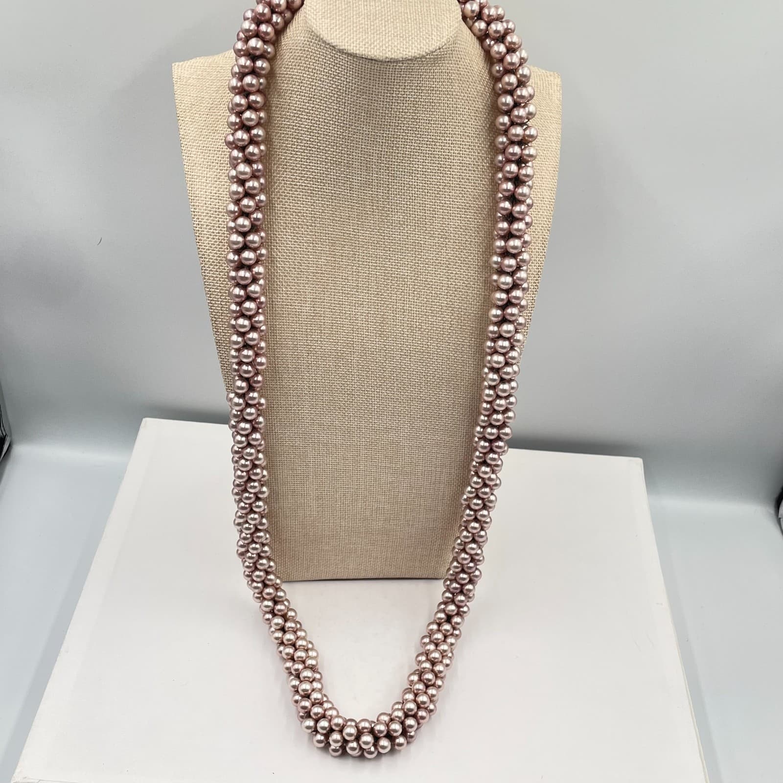 Vintage Pink Faux Pearl Woven Rope Necklace Long Multi Strand Chunky Statement