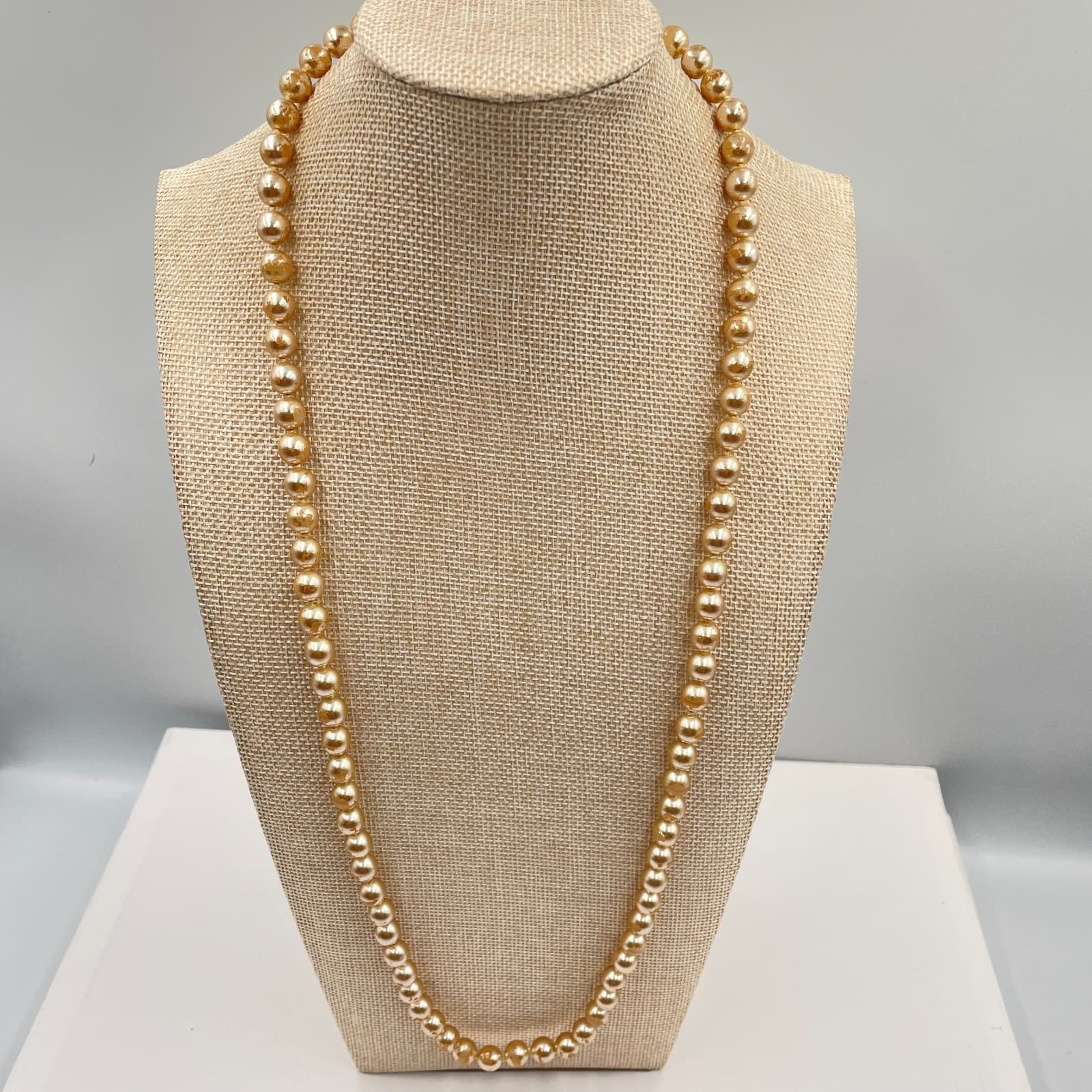 Vintage Champagne Glass Pearl Necklace 30” Opera Length Gold Tone Filigree Clasp