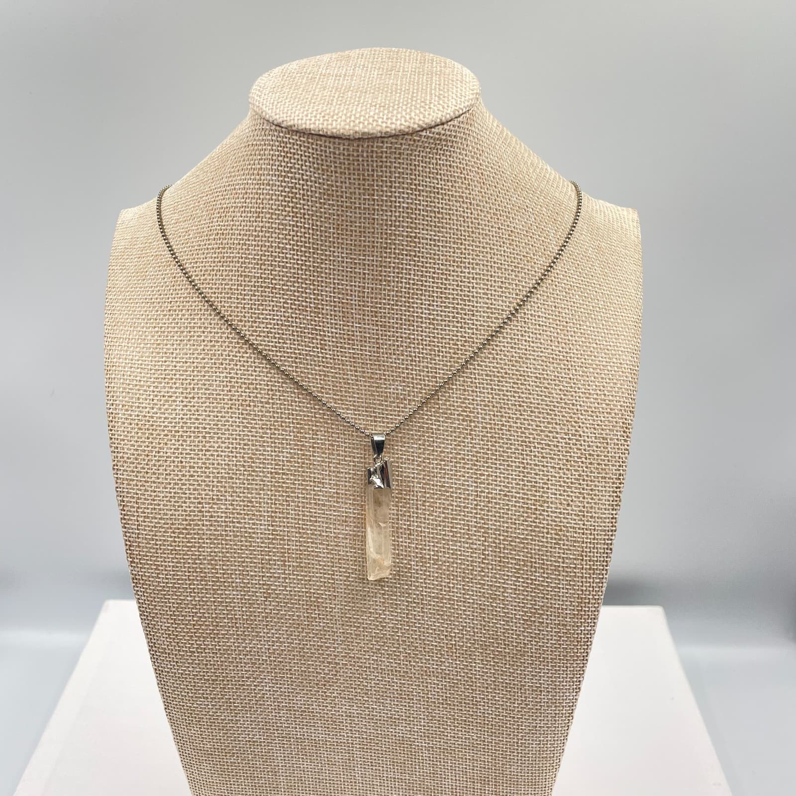 Vintage Raw Clear Quartz Crystal Point Pendant Necklace Silver Ball Chain 24"