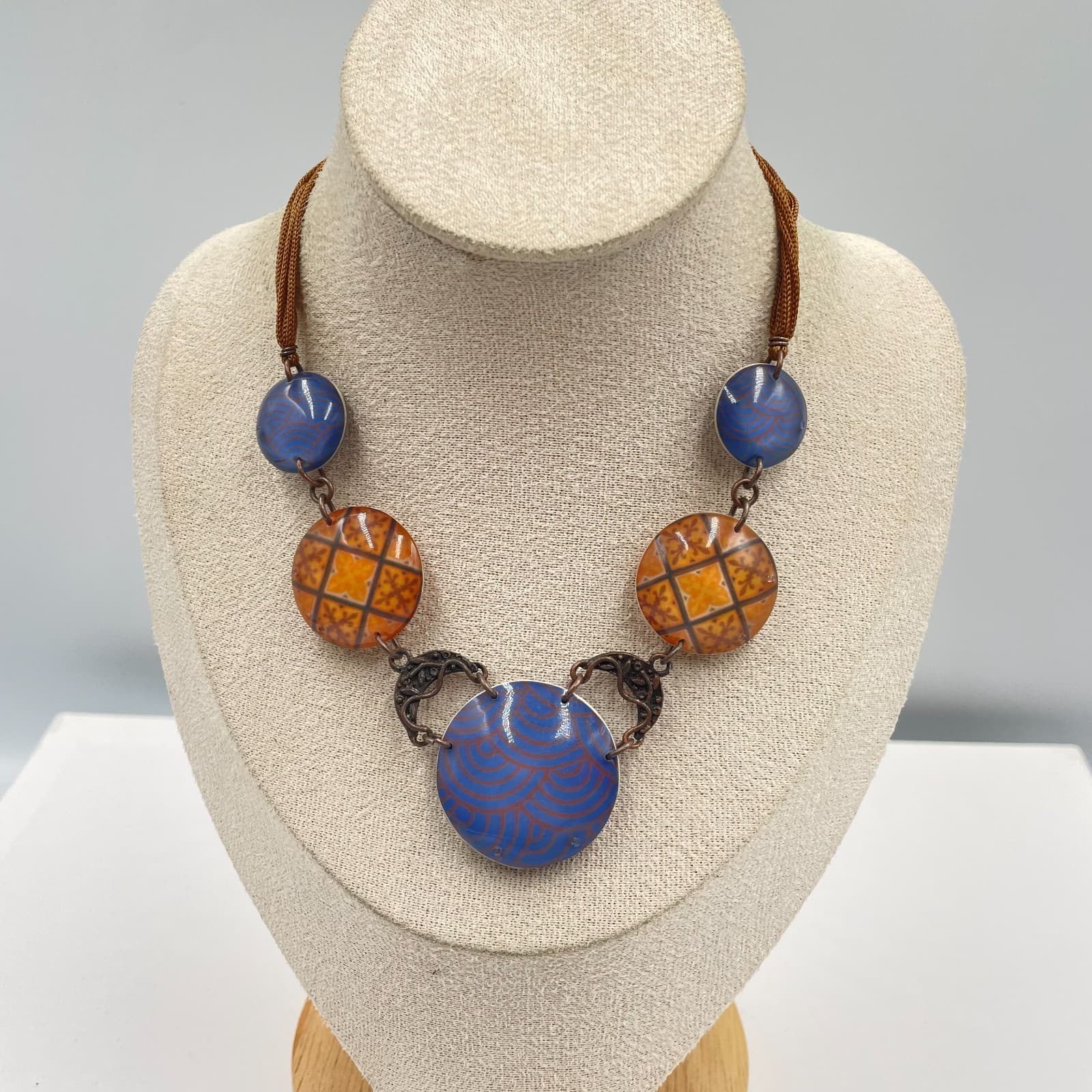 Artisan Copper-Tone Swirl Inlay Central Blue Multi-Pendant Statement Necklace