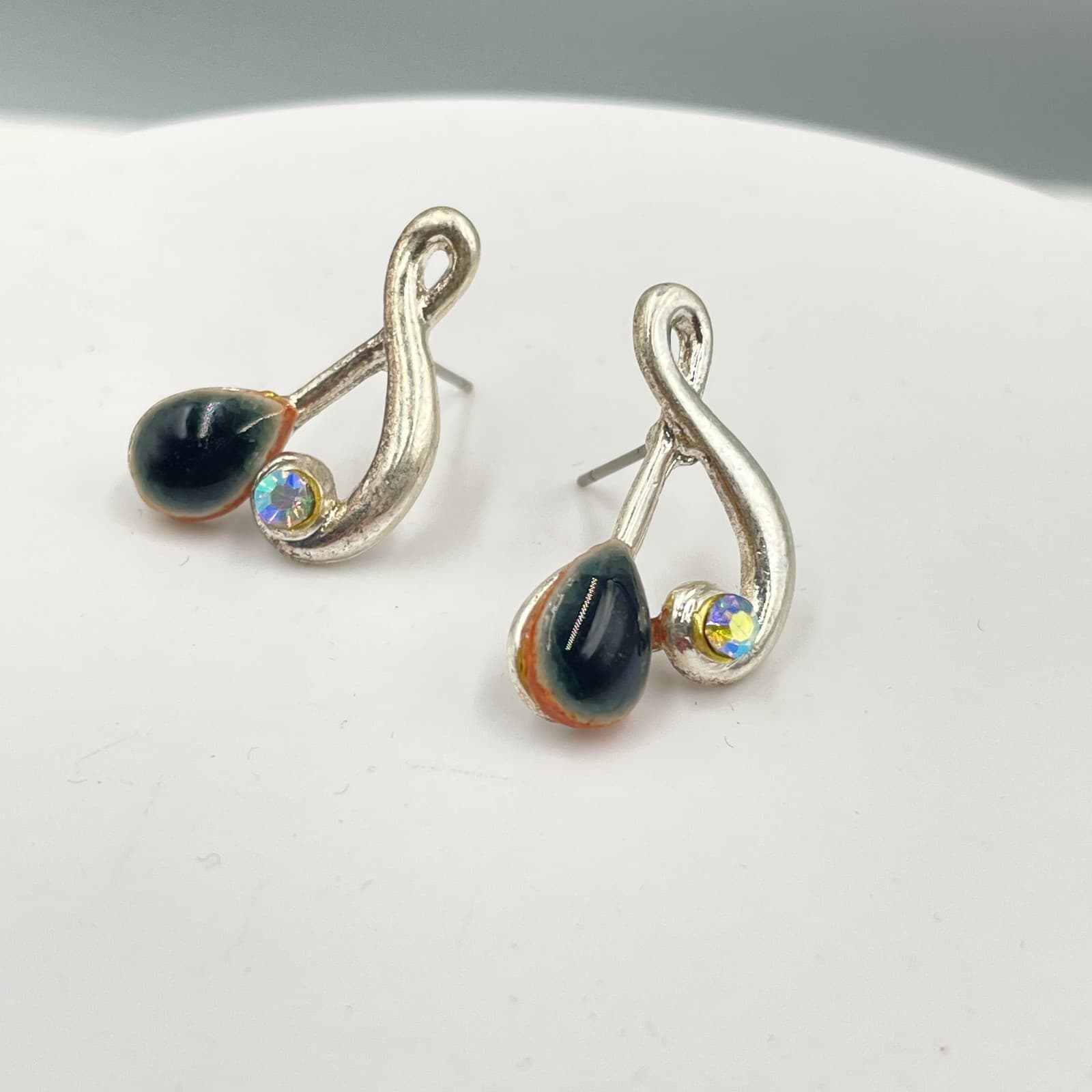 Silver-Tone Black Iridescent Crystal Enamel Teardrop Musical Note Studs Earrings