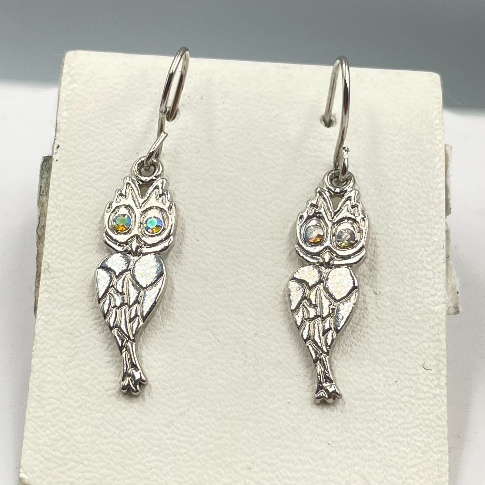 Vintage Silver-Tone Textured Metal Iridescent Rhinestone Eye Owl Dangle Earrings