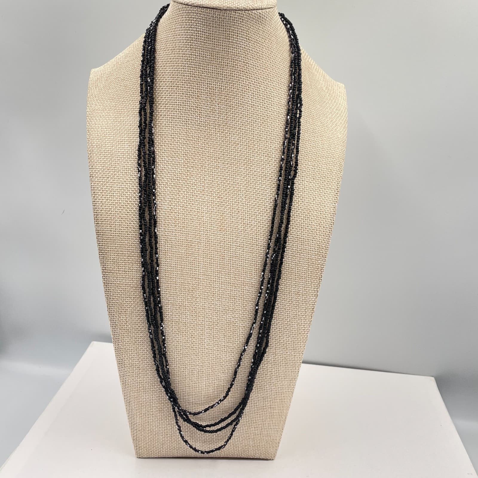 Bohemian Southwestern White Black Seed Beaded Multi-Stranded Opera Necklace