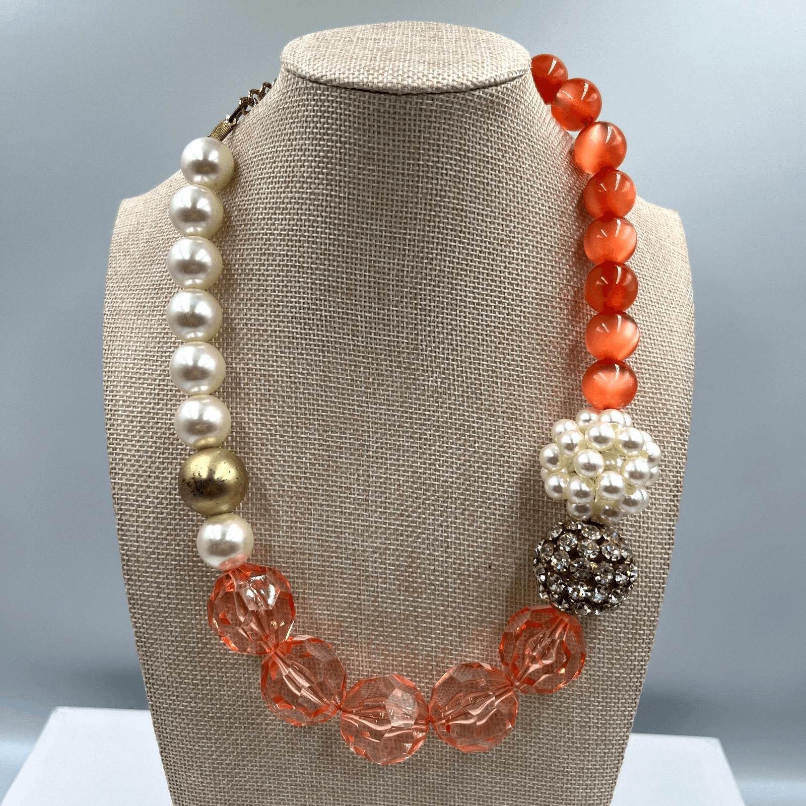 VTG White Orange Mother Of Pearl Faceted Glass Beaded Statement Collar Necklace