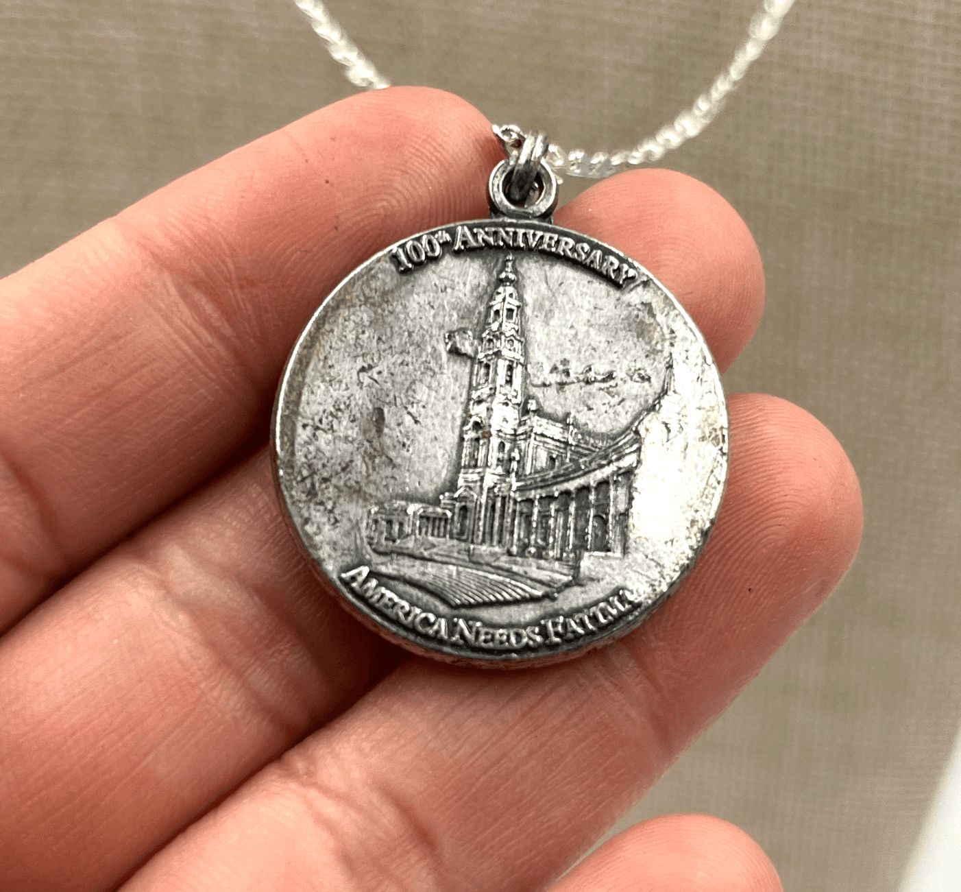 Silver-Tone 100th Anniversary Of Our Lady of Fatima Religious Medal Necklace