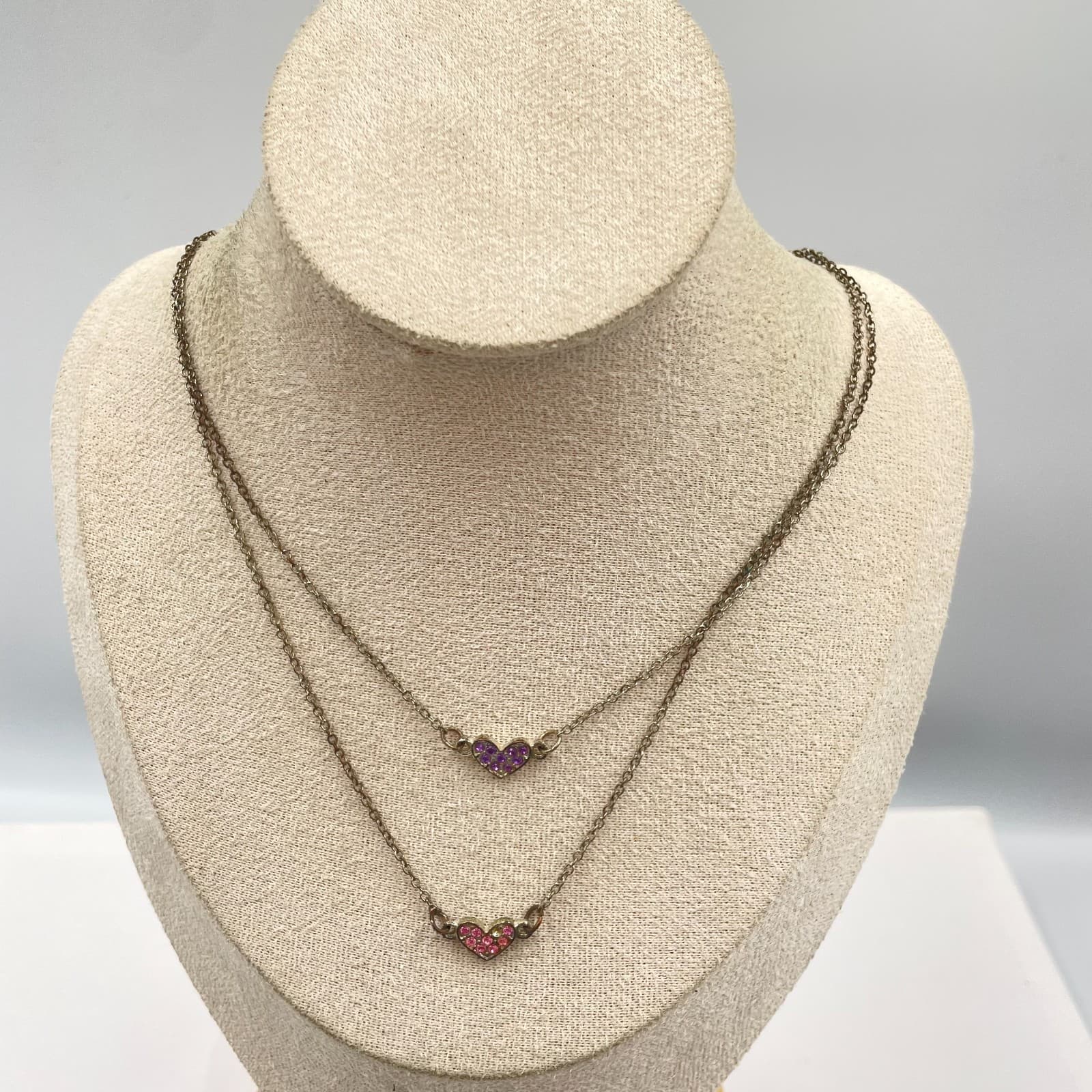 Gold-Tone Chain Double Strand Rhinestone Pave Two Heart Pendant Layer Necklace
