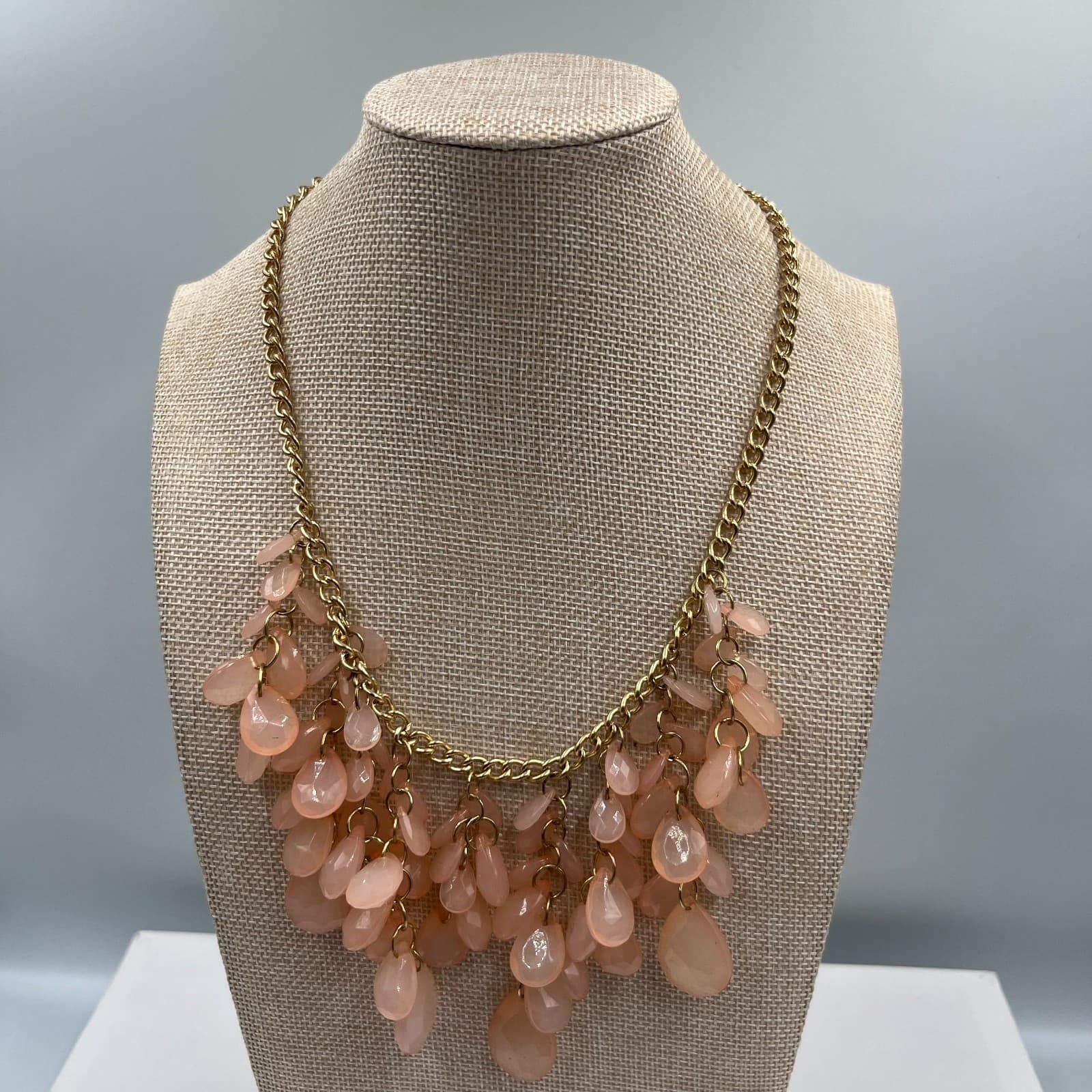 Gold-Tone Pastel Pink Teardrop Beaded Waterfall Fringe Bib Statement Necklace