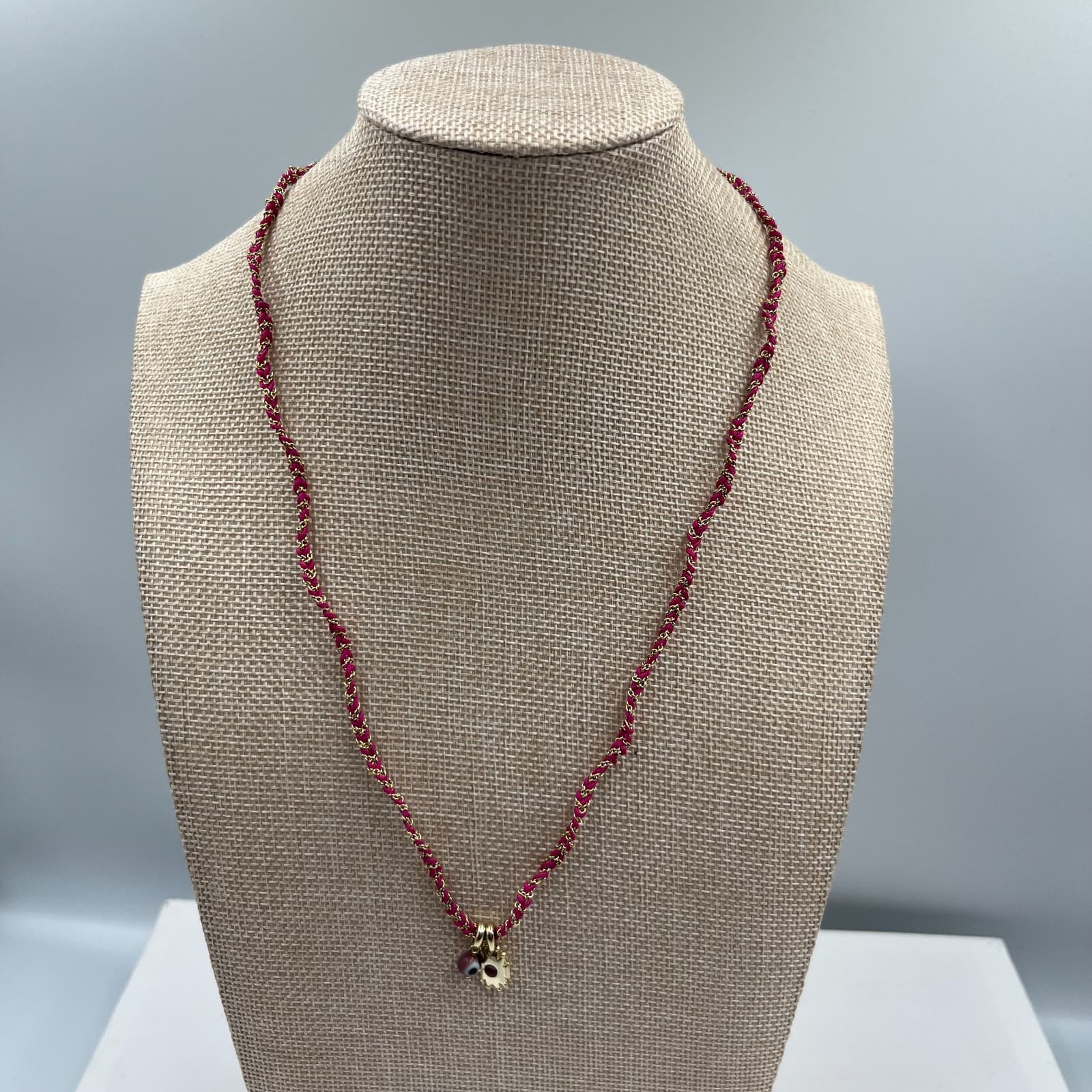 Vintage Boho Evil Eye Sun Pendant Necklace Braided Pink Cord Tassel Adjustable
