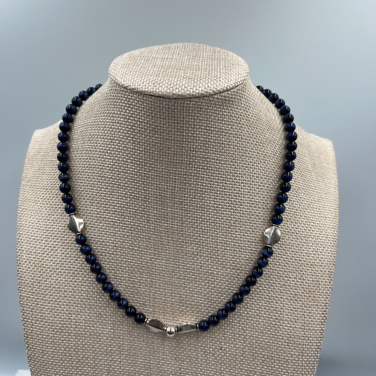 Vintage Blue Tiger’s Eye Beaded Necklace Hawk’s Eye Chatoyant Gemstone Silver