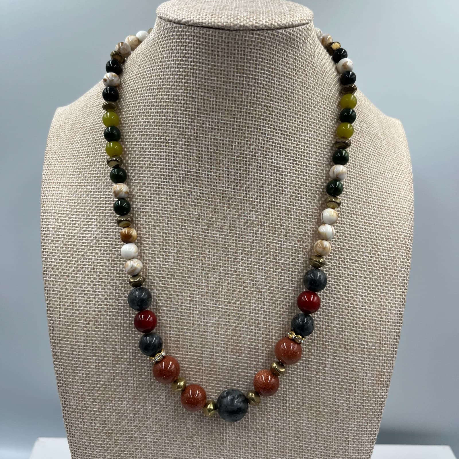Vintage Multi Stone Beaded Necklace Mixed Gemstones Boho Statement 24" Estate