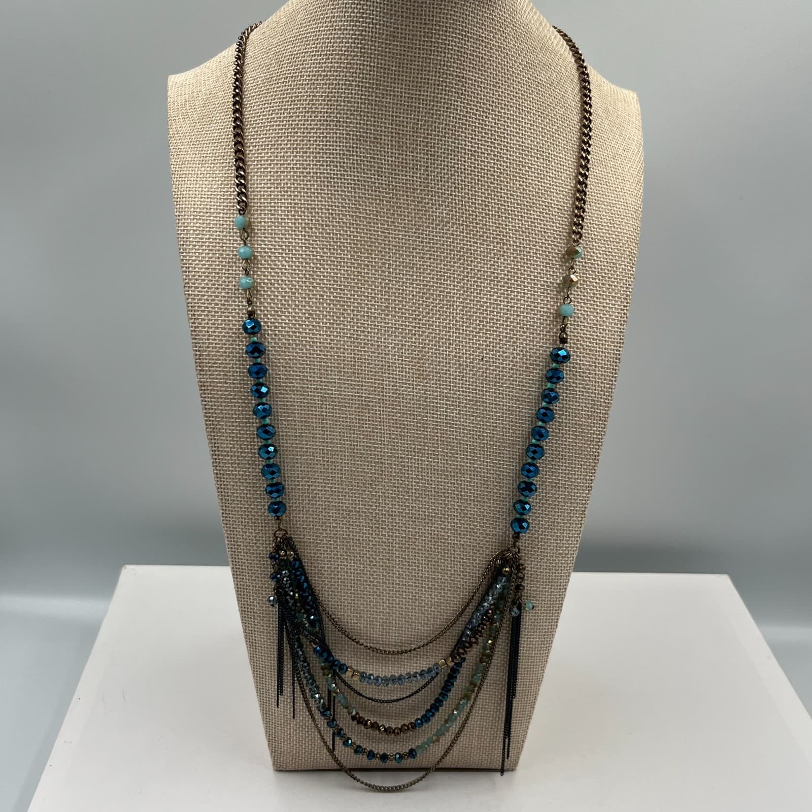 Vintage Multi Strand Beaded Necklace Teal Blue Boho Statement Bronze Fringe