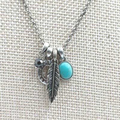 Western Silver-Tone Rolo Chain Feather Turquoise & Sun Charm Cluster Necklace