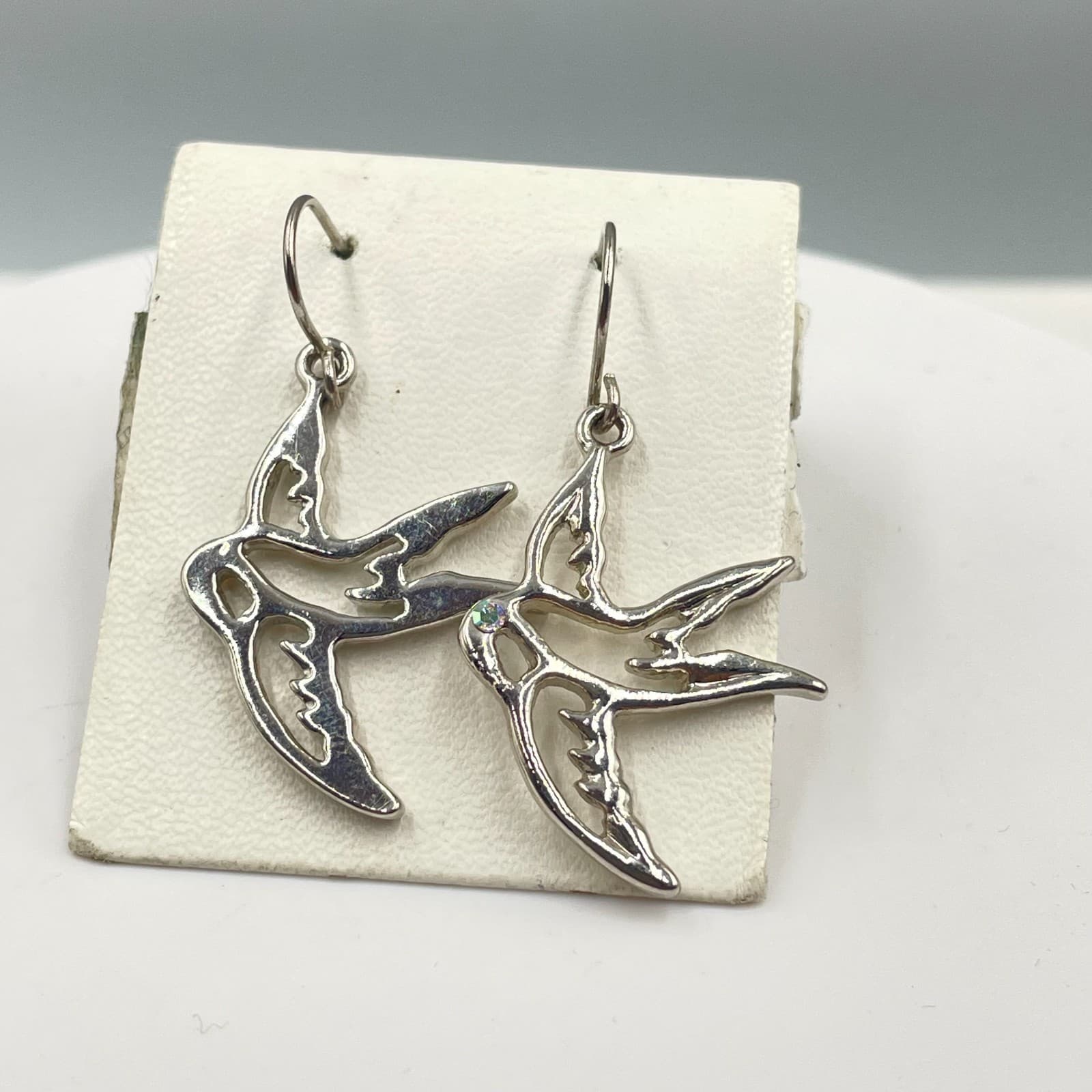 Fashion Silver-Tone Faceted Iridescent Rhinestone Bead Swallow Drop Hook Earring