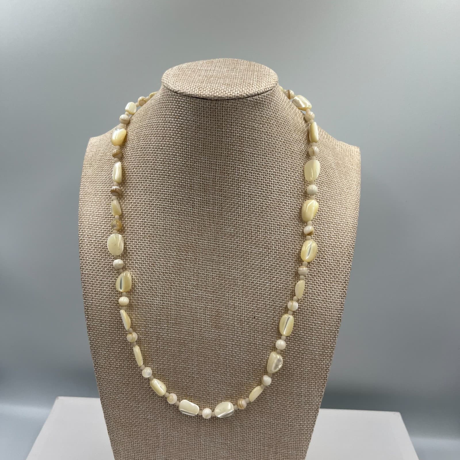 Vintage Mother of Pearl Shell Beaded Necklace Cream Iridescent 18" Strand