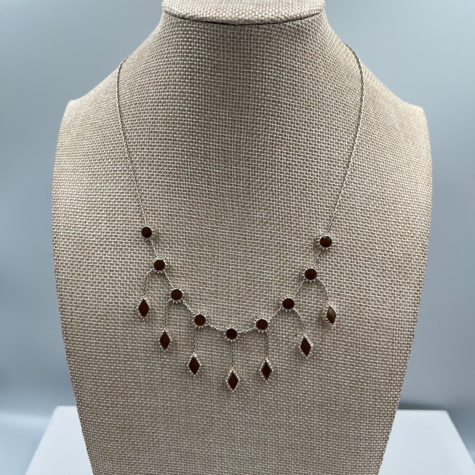 Vintage Bohemian Silver Drop Necklace Brown Faux Stone Geometric Charms 18"