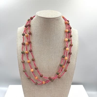 Vintage Multi Strand Beaded Necklace Earth Tone Green Pink Orange Boho Statement