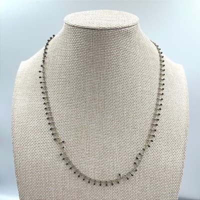 Vintage Gold Tone Fringe Necklace Black Onyx Glass Bead Dangle Shingle Statement