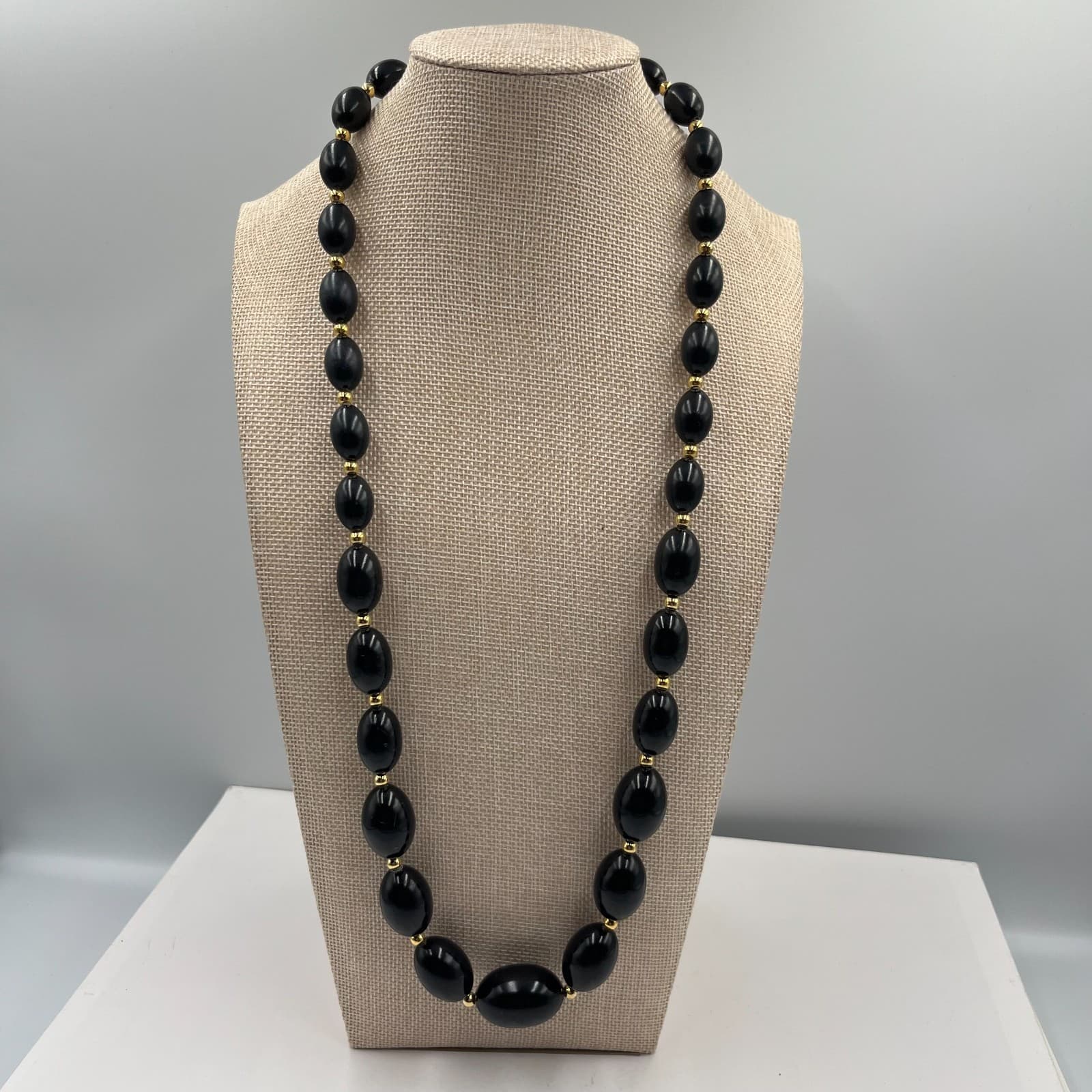 Vintage Black Beaded Necklace Gold Tone Spacers Barrel Clasp 24" Oval Beads MCM