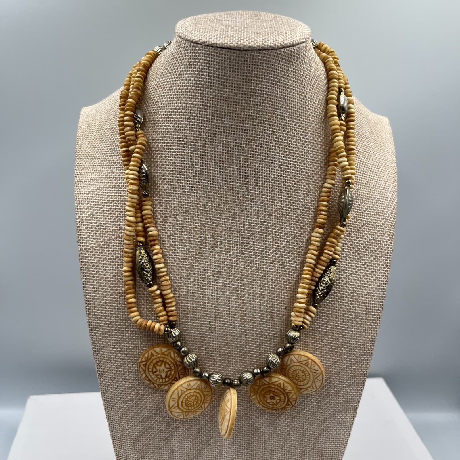 Vtg Carved Disc Necklace Multi Strand Tribal Boho Ethnic Statement Cream