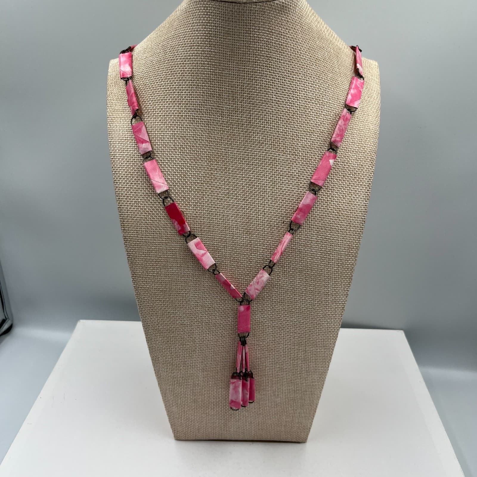 Vintage Pink Marbleized Rectangular Link Lariat Necklace Y-Shape Tassel 18" Boho