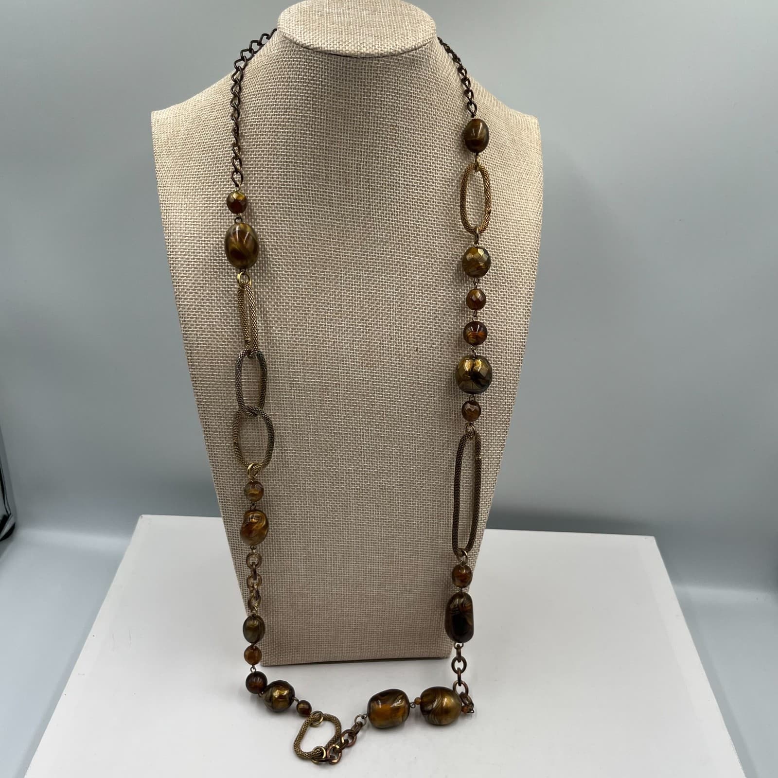 Vintage Amber Beaded Necklace Bronze Tone Mesh Link Chain Statement Boho 18"