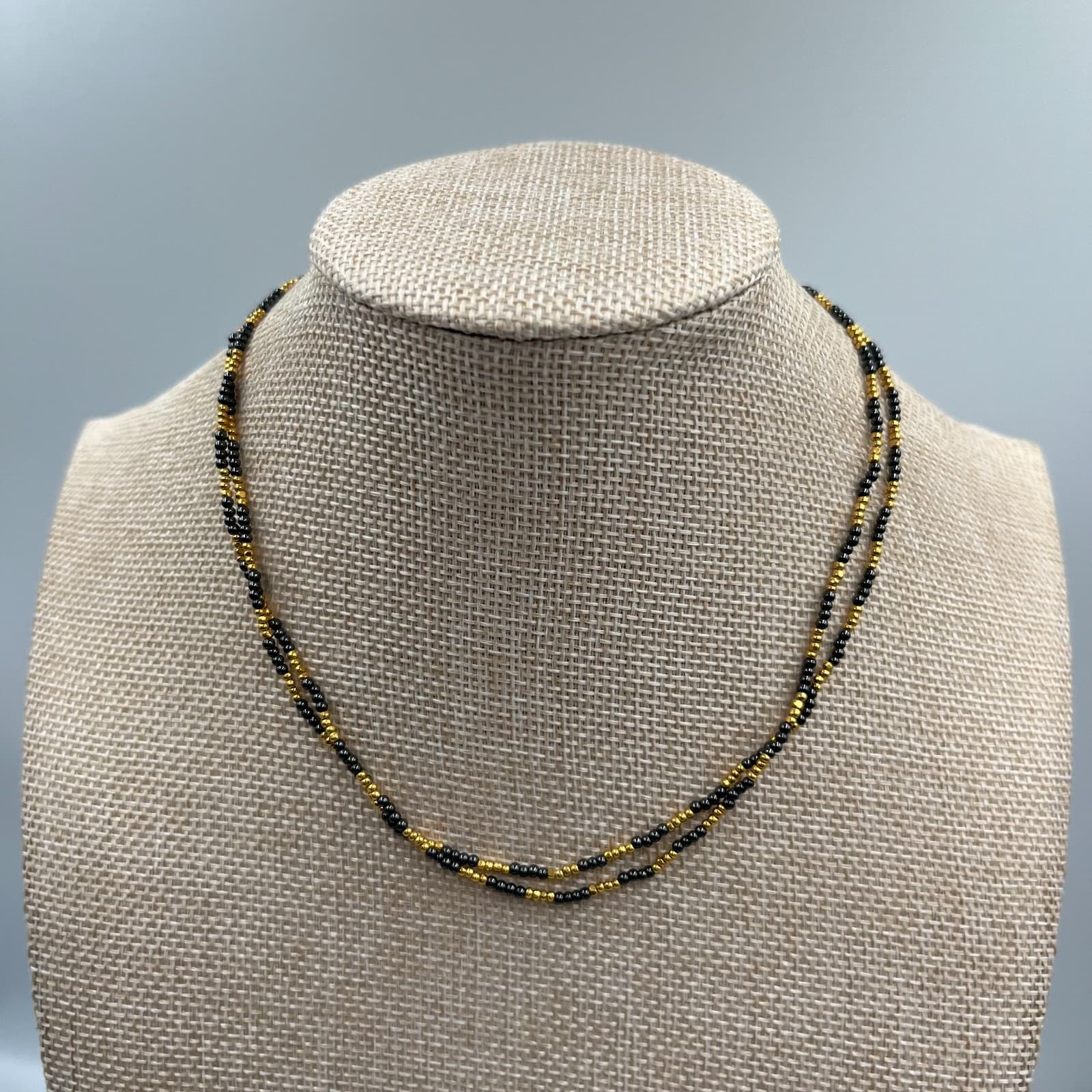 Vintage Black & Gold Seed Bead Necklace Multi Strand Torsade Statement Jewelry