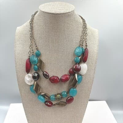 Vtg Avenue Multi Strand Beaded Statement Necklace Boho Chic Layered Wood Beaded